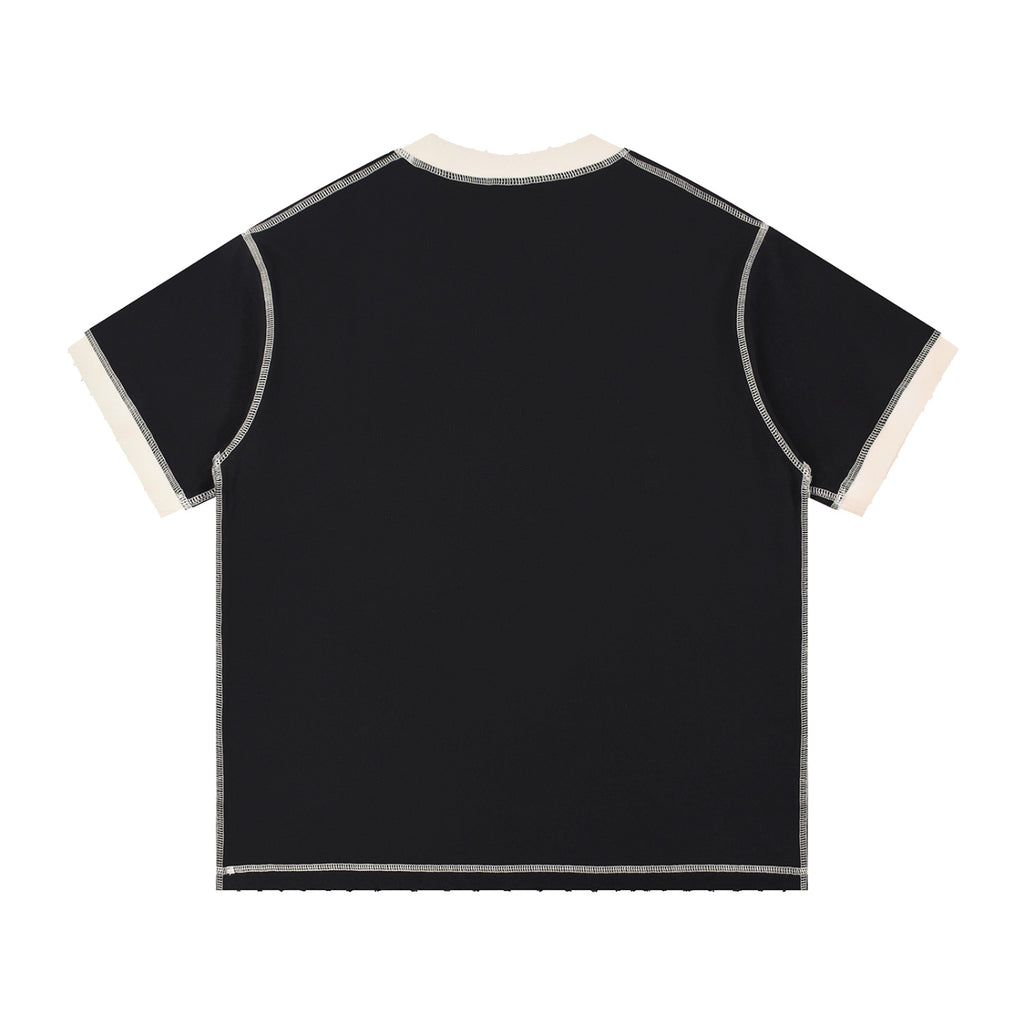 Black & Apricot Contrast-Stitched Cotton Tee – Back View | TheTwoZero