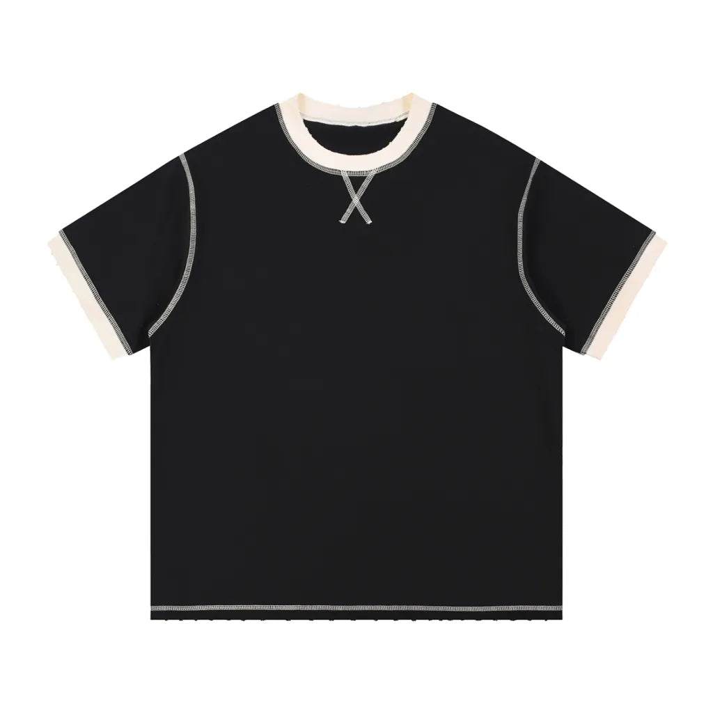 Black & Apricot Contrast-Stitched Cotton Tee – Front View | TheTwoZero