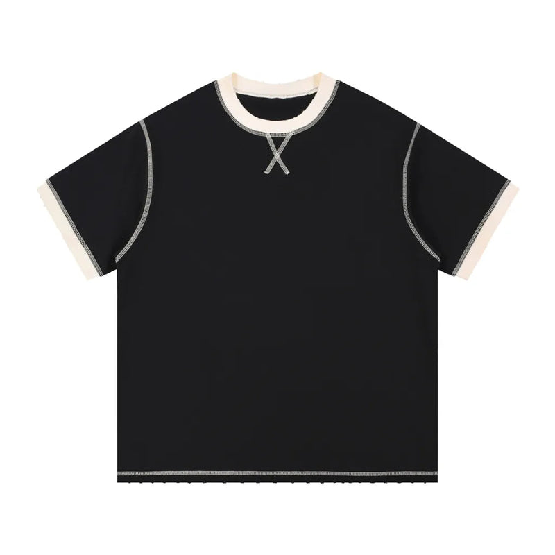 Black & Apricot Contrast-Stitched Cotton Tee – Front View | TheTwoZero