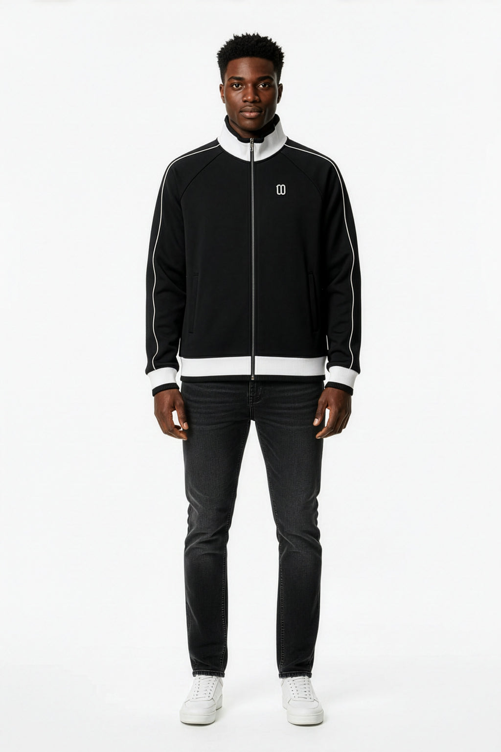 Black Color Block Raglan Zip Track Jacket – Front View | TheTwoZero