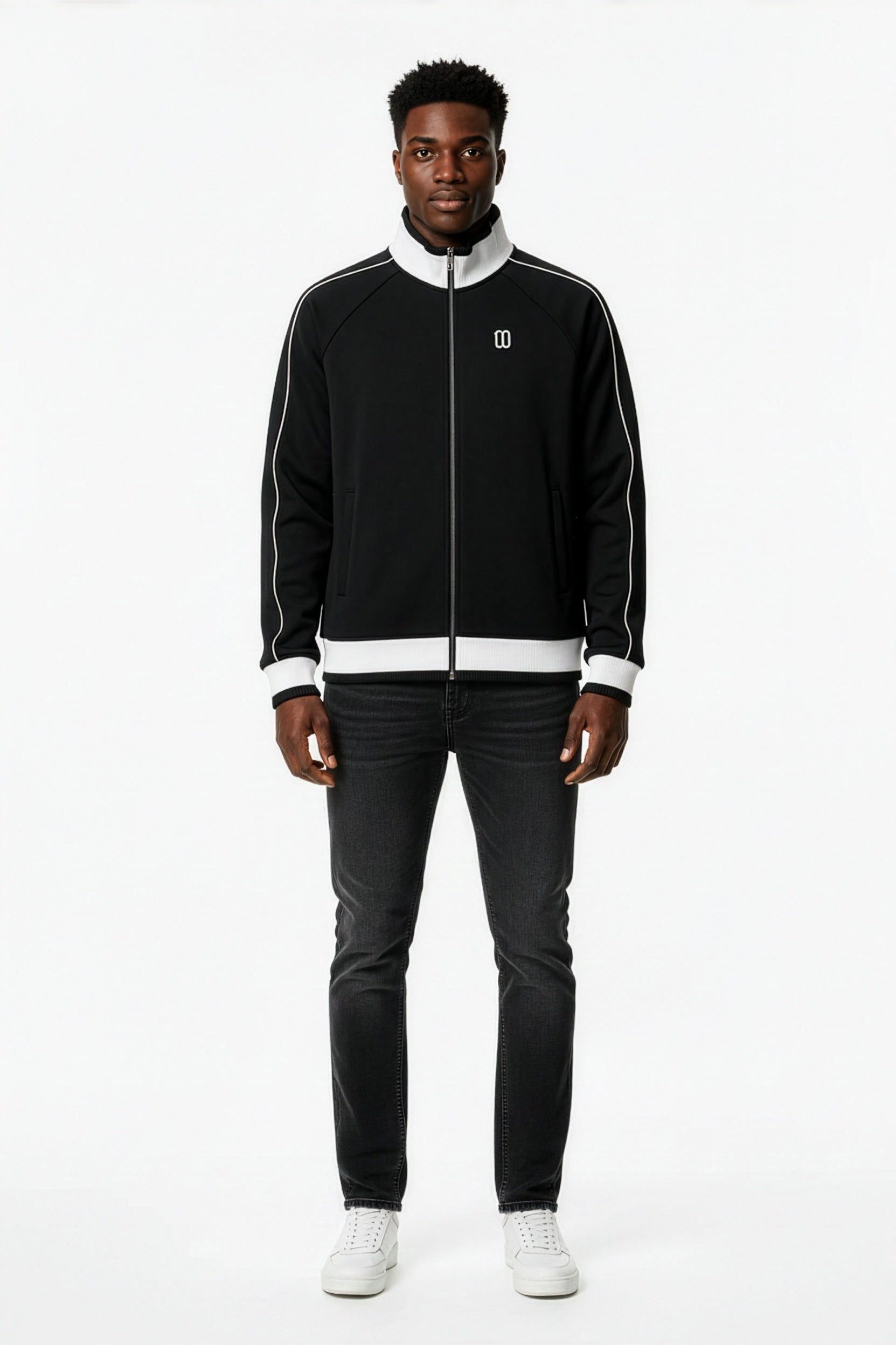 Black Color Block Raglan Zip Track Jacket – Front View | TheTwoZero
