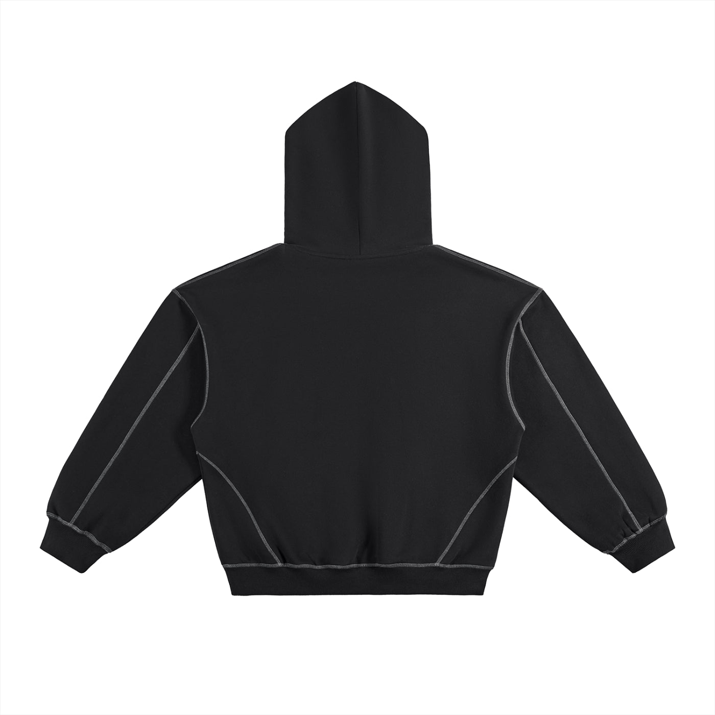 Black Contrast-Stitched Boxy Fleece Hoodie – Back View | TheTwoZero