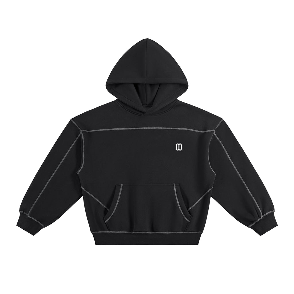 Black Contrast-Stitched Boxy Fleece Hoodie – Front View | TheTwoZero