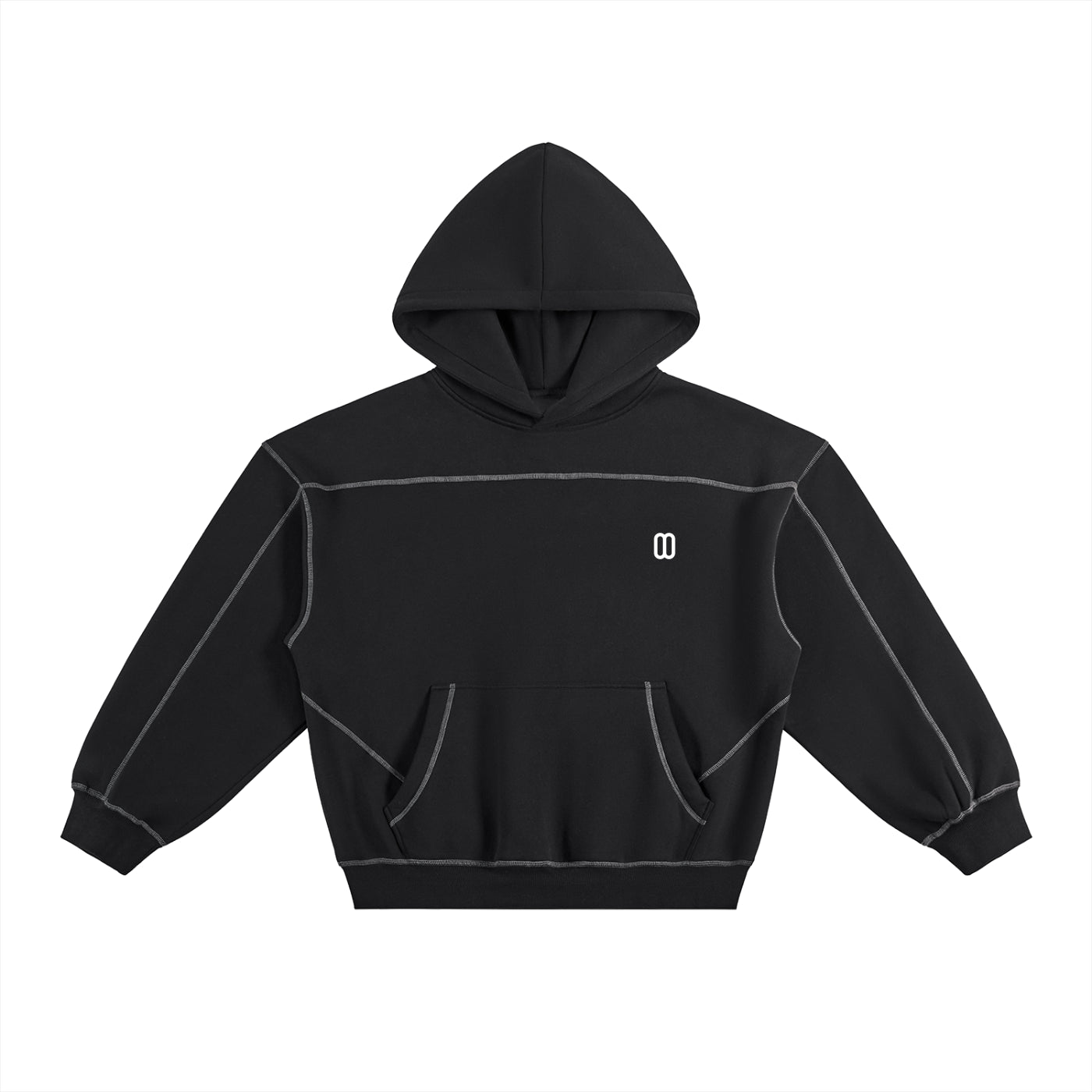 Black Contrast-Stitched Boxy Fleece Hoodie – Front View | TheTwoZero