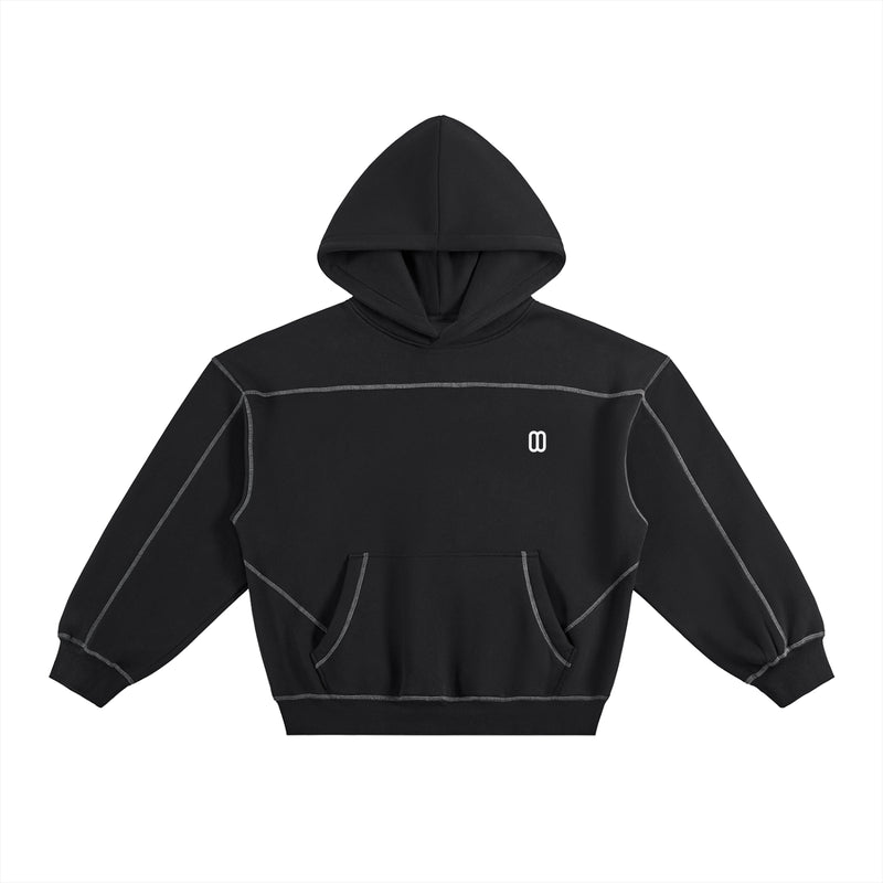 Black Contrast-Stitched Boxy Fleece Hoodie – Front View | TheTwoZero