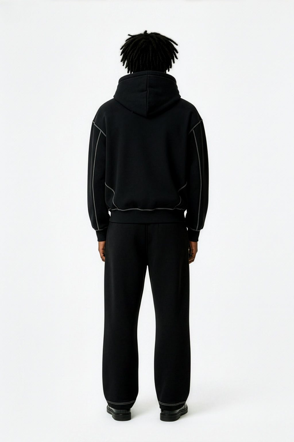 Black Contrast-Stitched Boxy Fleece Zip Hoodie – Back on Model | TheTwoZero