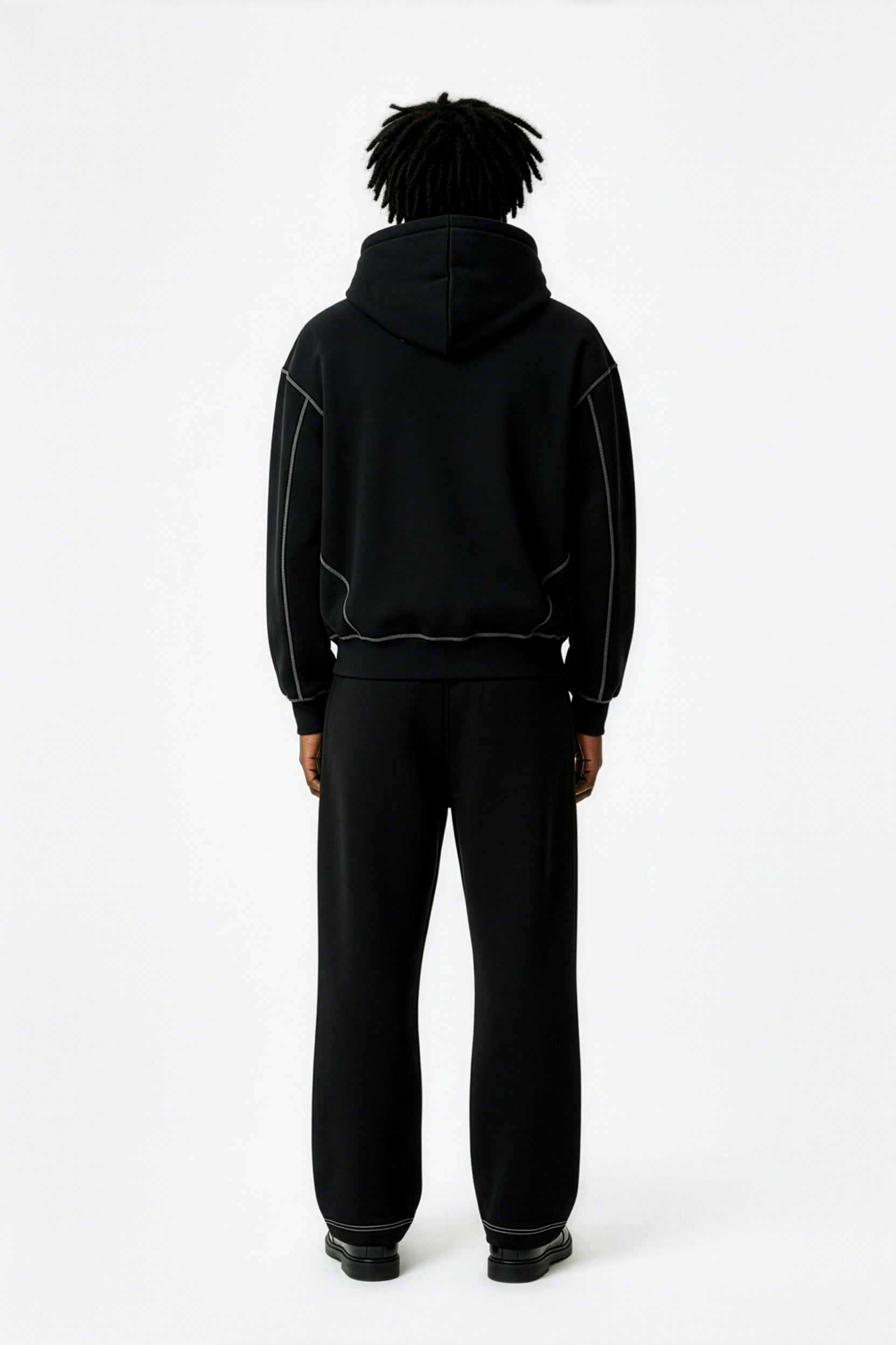 Black Contrast-Stitched Boxy Fleece Zip Hoodie – Back on Model | TheTwoZero