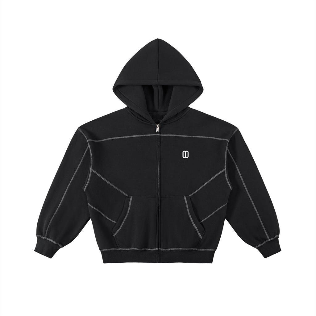 Black Contrast-Stitched Boxy Fleece Zip Hoodie – Front View | TheTwoZero