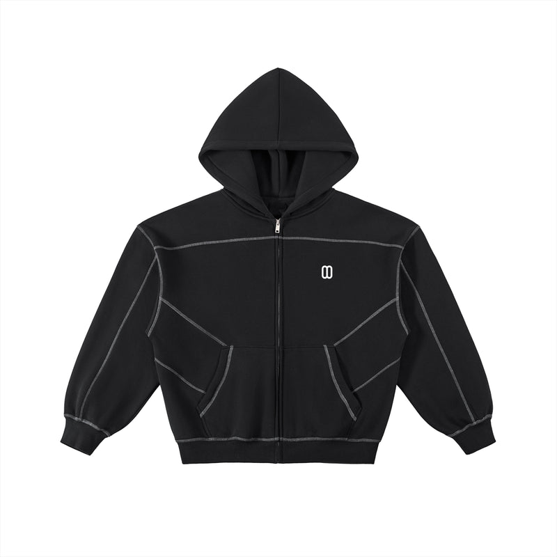 Black Contrast-Stitched Boxy Fleece Zip Hoodie – Front View | TheTwoZero