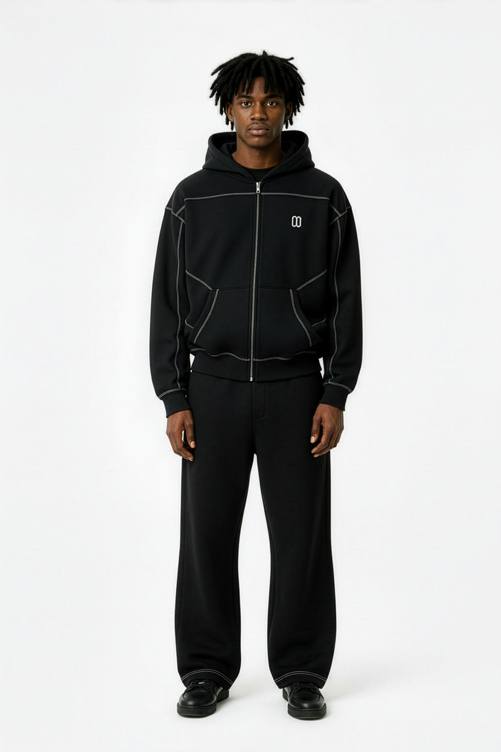 Black Contrast-Stitched Boxy Fleece Zip Hoodie – Front on Model | TheTwoZero