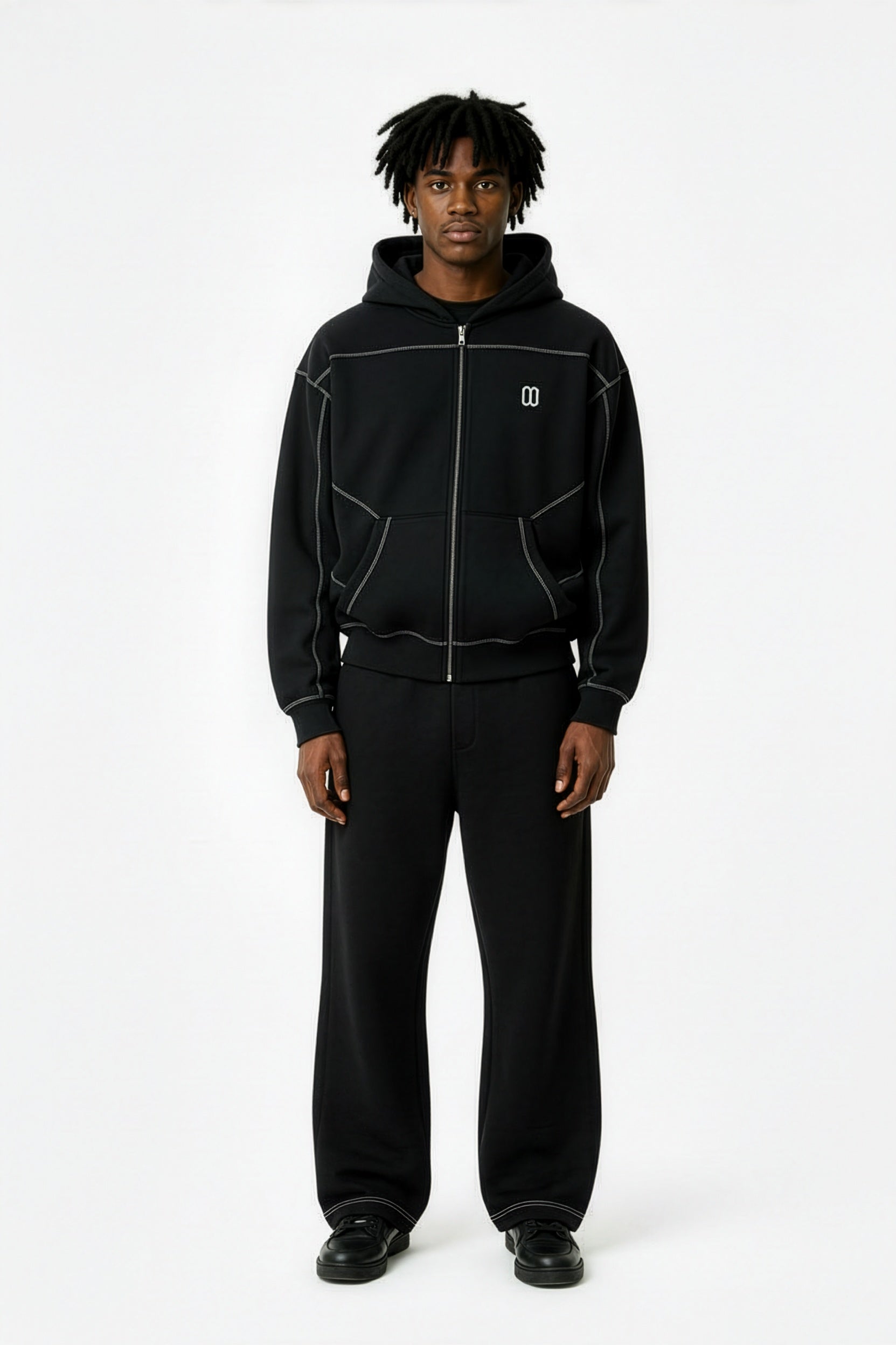 Black Contrast-Stitched Boxy Fleece Zip Hoodie – Front on Model | TheTwoZero