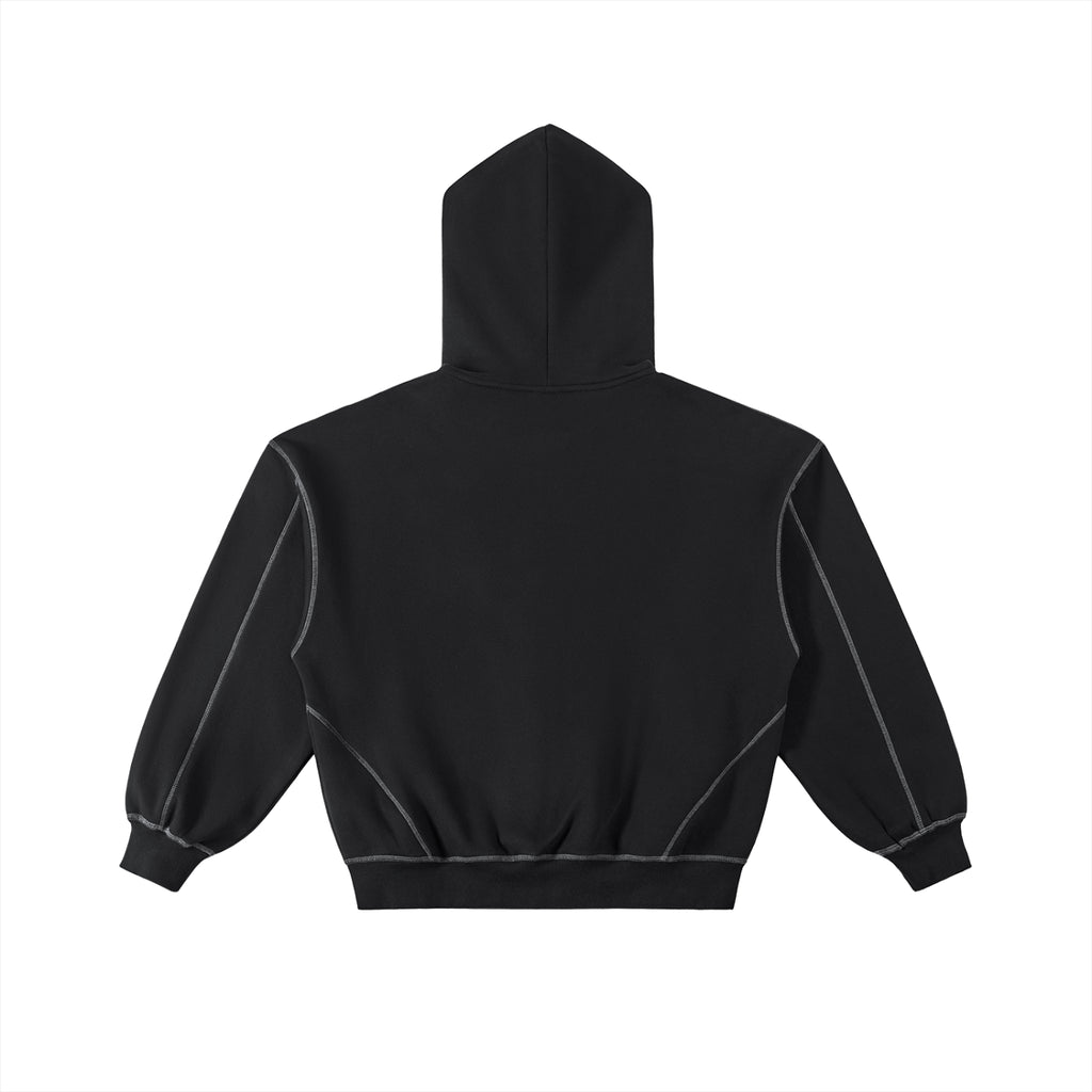 Black Contrast-Stitched Boxy Fleece Zip Hoodie – Side View | TheTwoZero