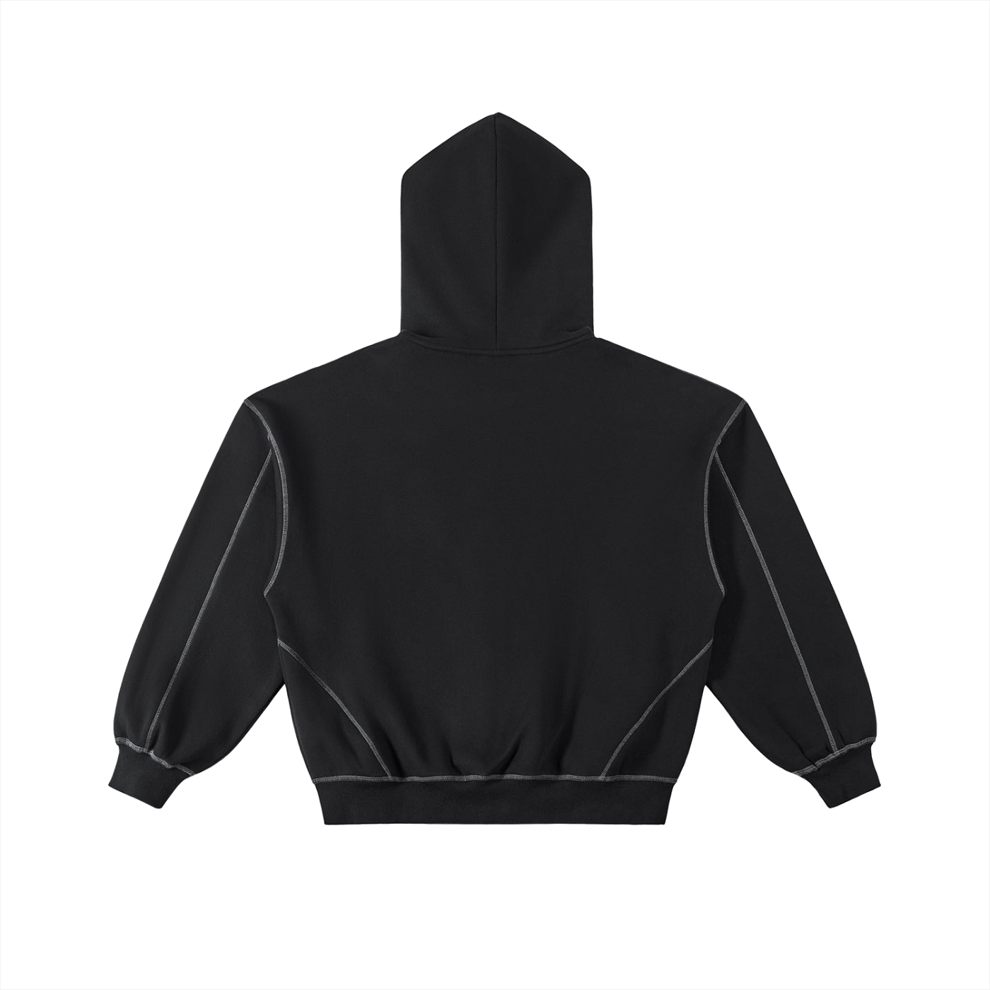 Black Contrast-Stitched Boxy Fleece Zip Hoodie – Side View | TheTwoZero