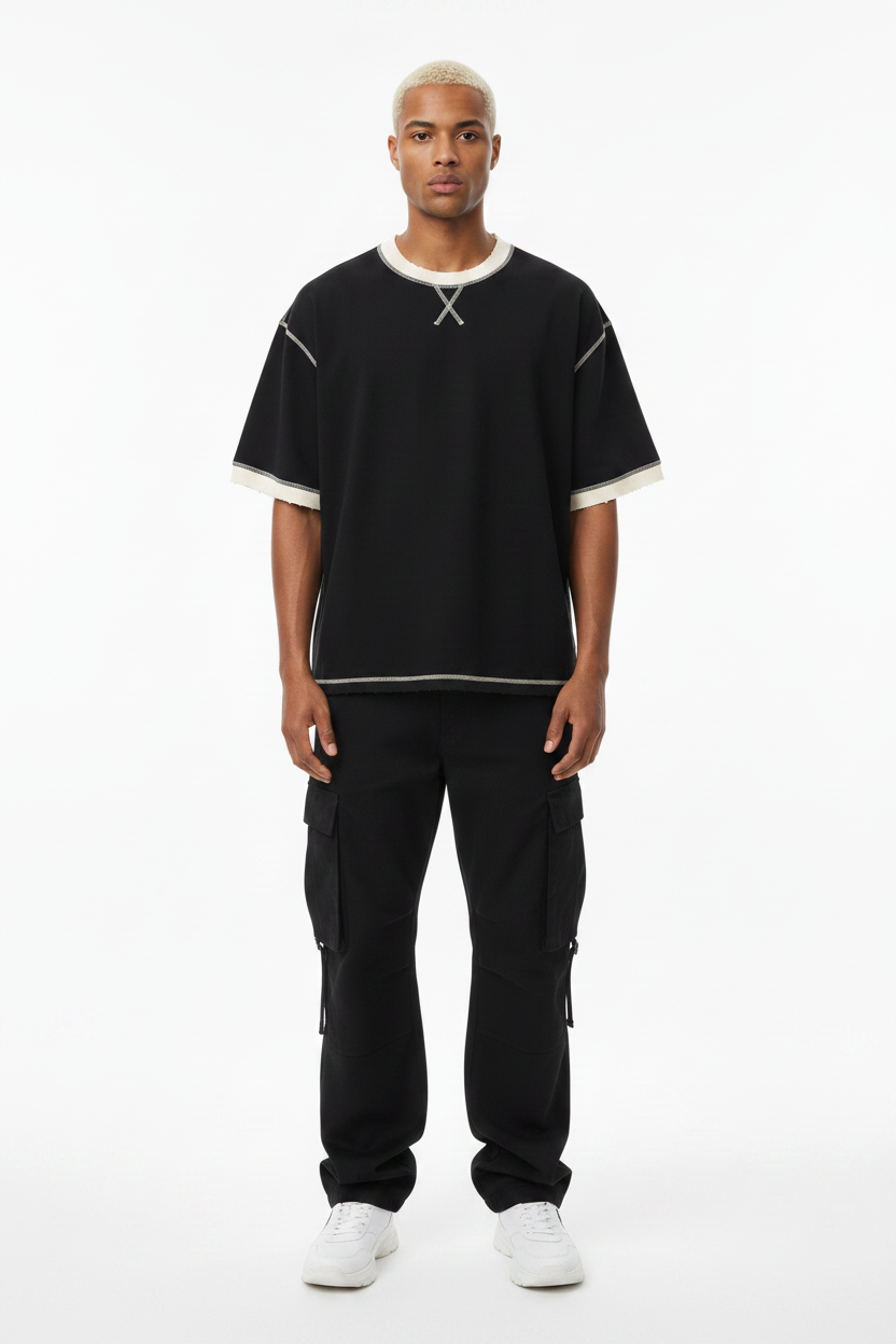 Black Contrast Stitch Tee – Front-TheTwoZero