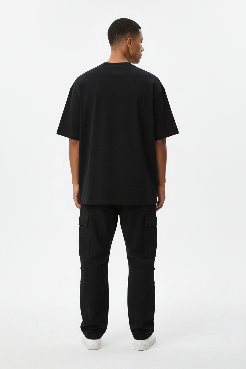 Black Essential Cotton Tee – Back View Model - TheTwoZero