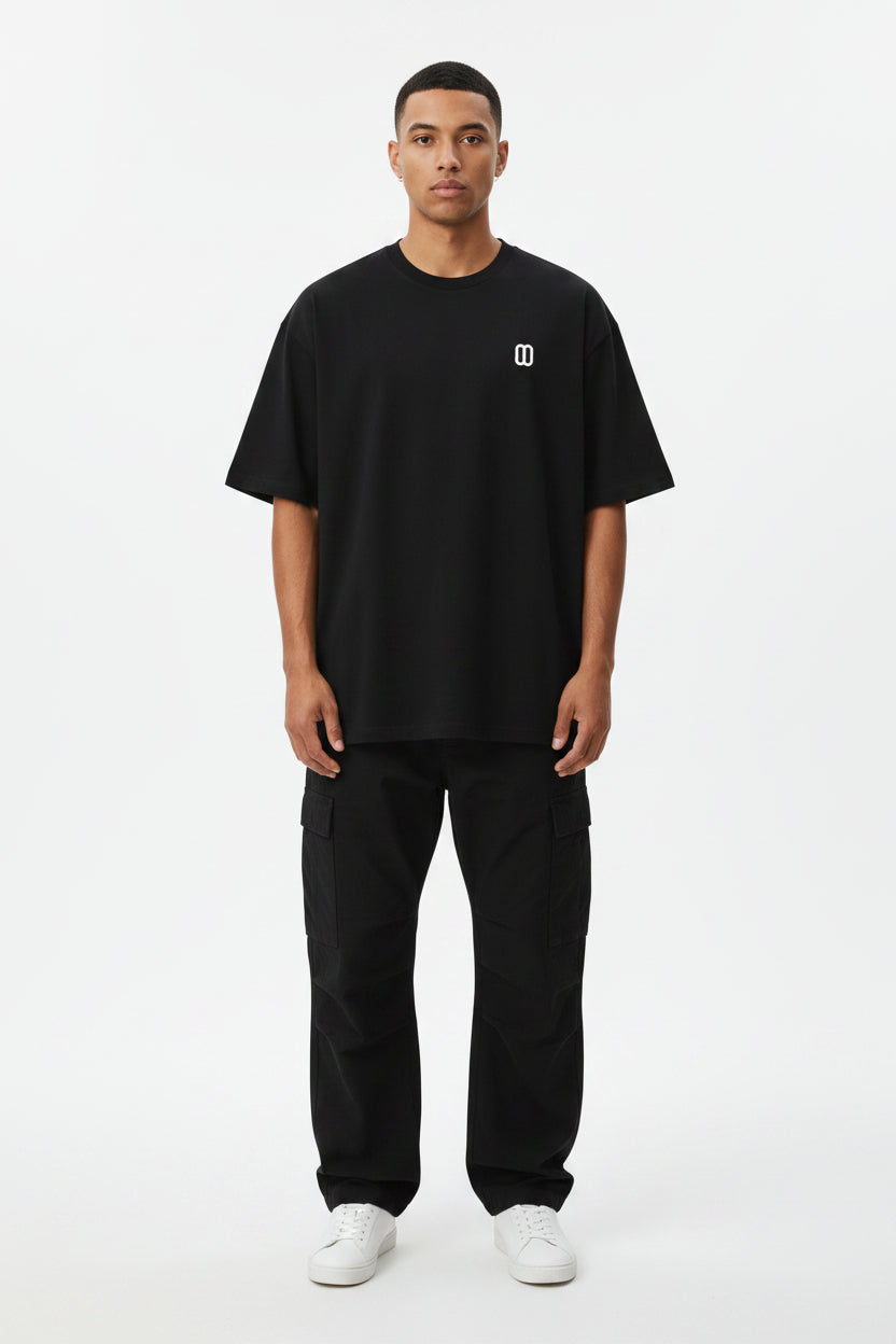 Black Essential Cotton Tee – Front View | TheTwoZero