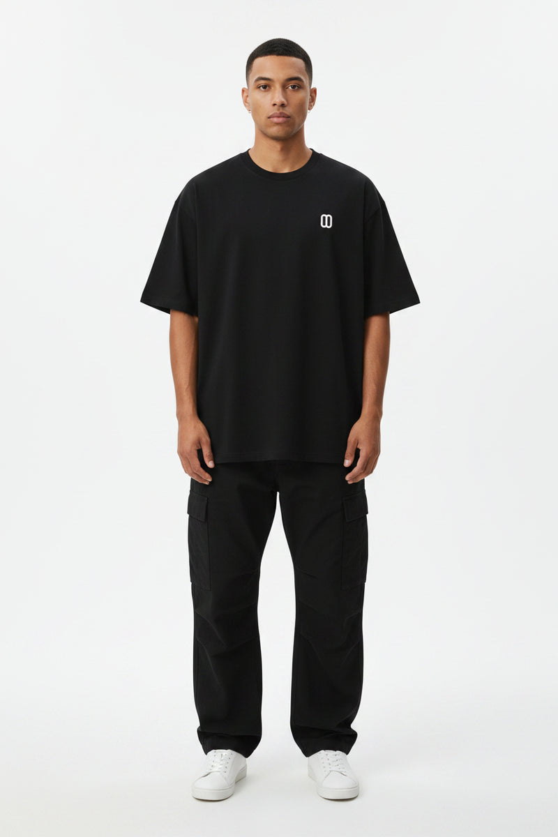 Black Essential Cotton Tee – Front View | TheTwoZero