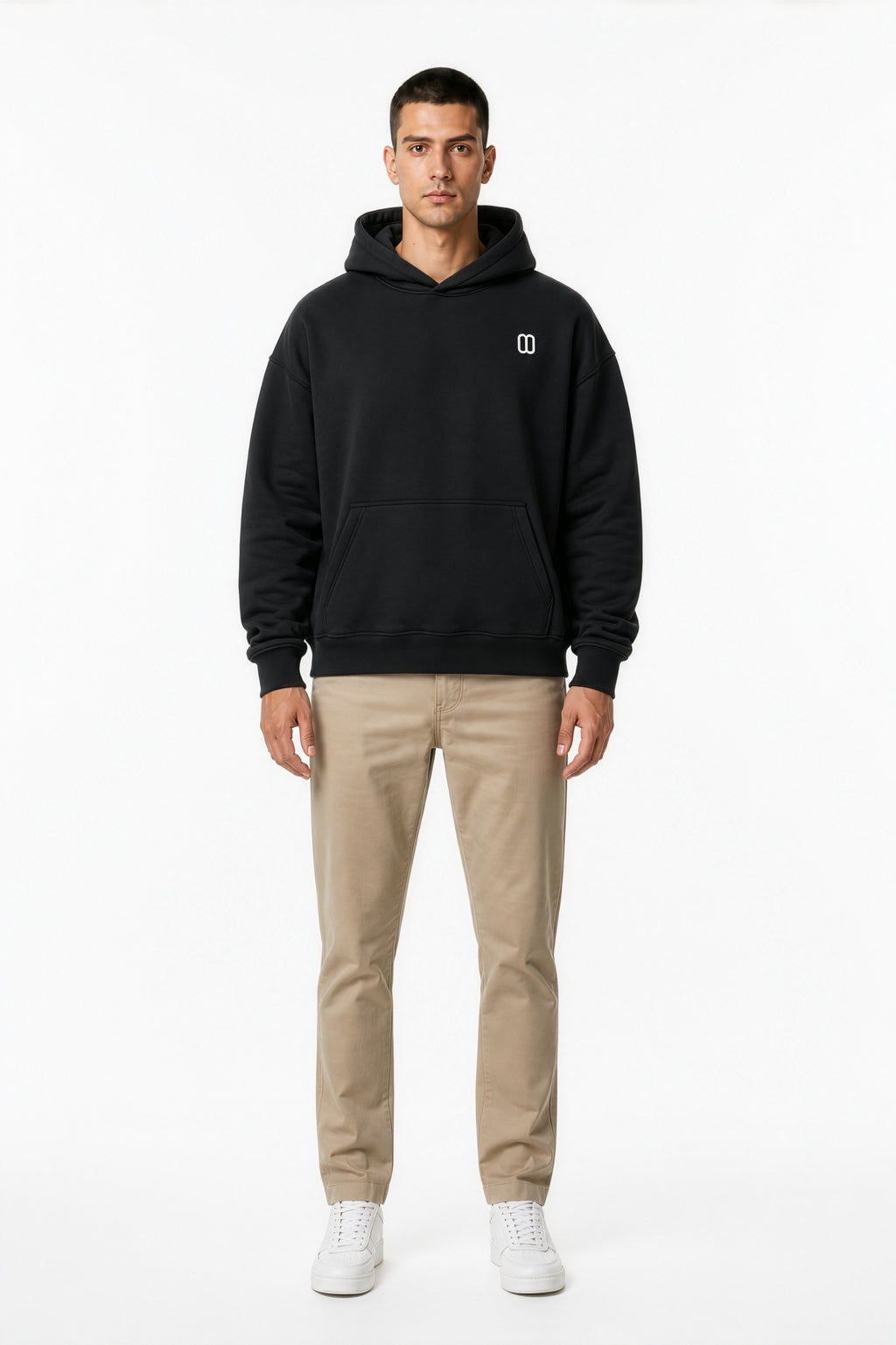 Black Essential Oversized Boxy Fleece Hoodie – Front on Model | TheTwoZero