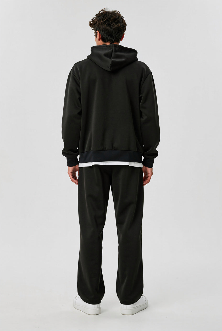 Black Fleeced Full-Zip Boxy Hoodie – Back on Model | TheTwoZero