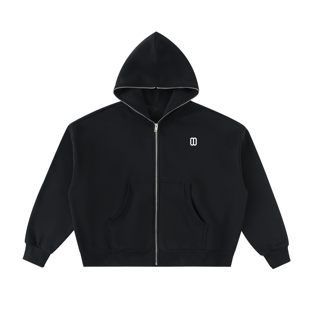 Black Fleeced Full-Zip Boxy Hoodie – Front View | TheTwoZero