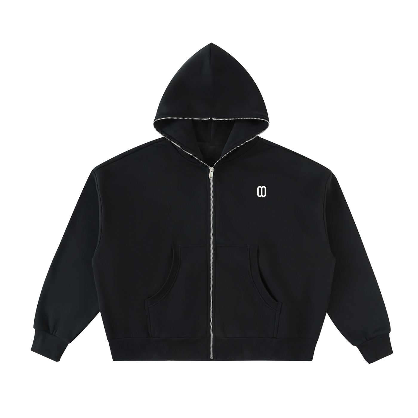 Black Fleeced Full-Zip Boxy Hoodie – Front View | TheTwoZero