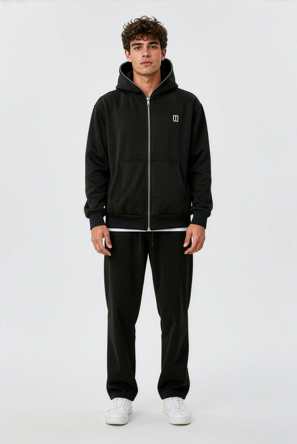 Black Fleeced Full-Zip Boxy Hoodie – Front on Model | TheTwoZero