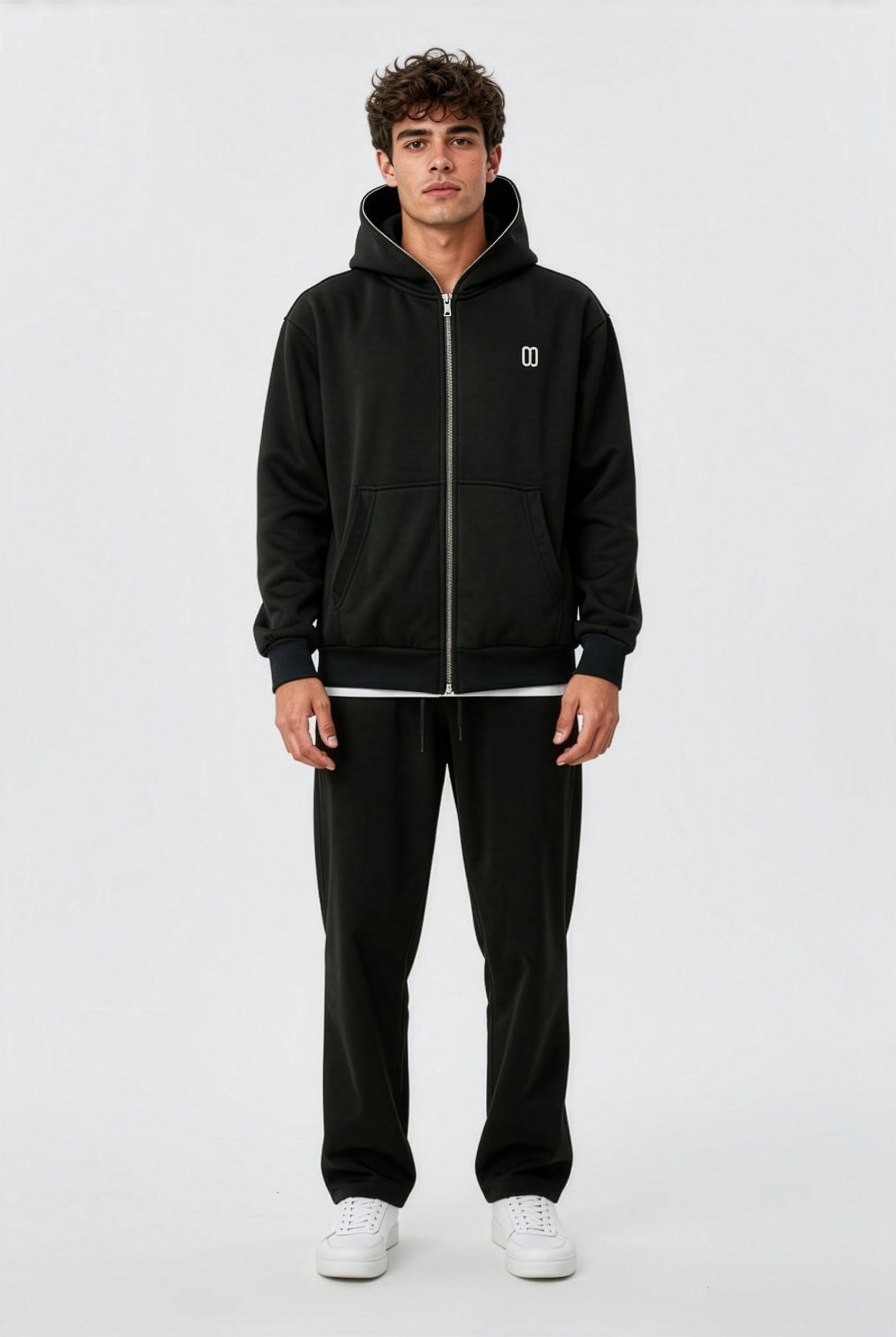 Black Fleeced Full-Zip Boxy Hoodie – Front on Model | TheTwoZero