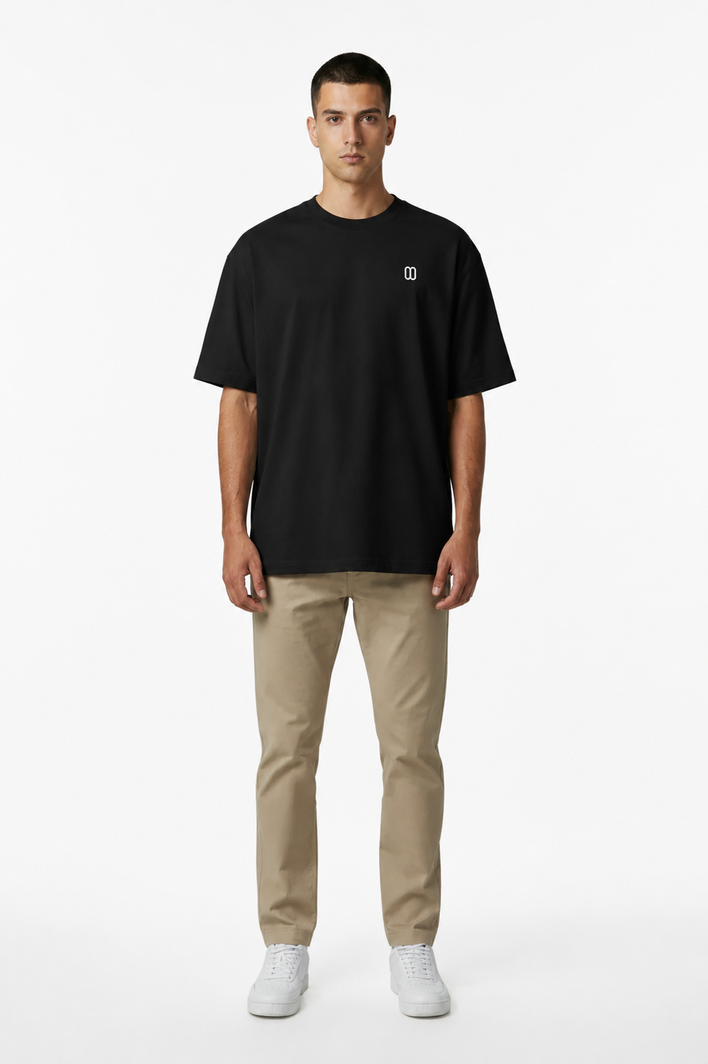 Black Heavyweight Drop Shoulder Tee – Front View | TheTwoZero