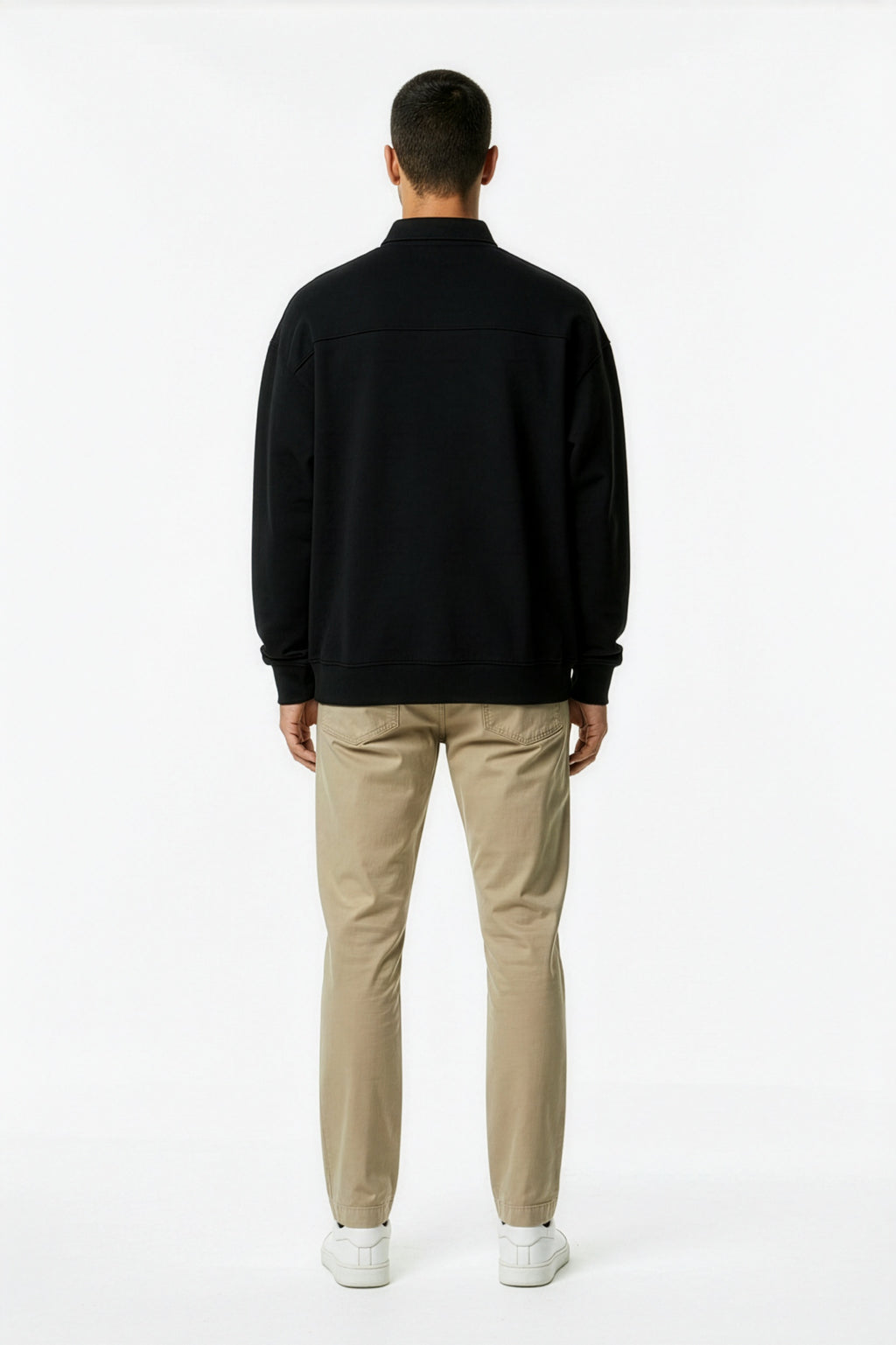 Black Heavyweight Fleece Polo Sweatshirt – Back on Model | TheTwoZero