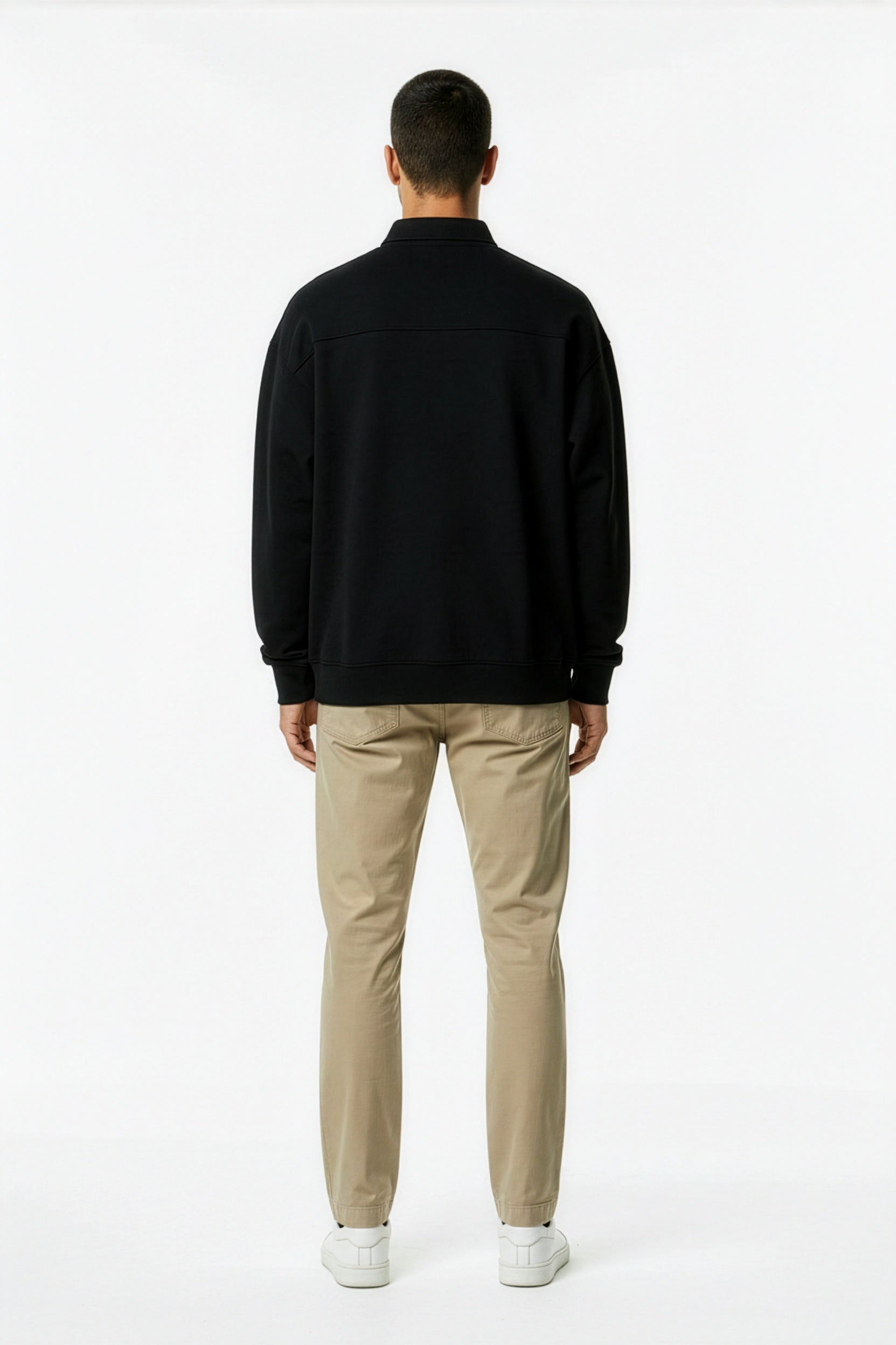 Black Heavyweight Fleece Polo Sweatshirt – Back on Model | TheTwoZero