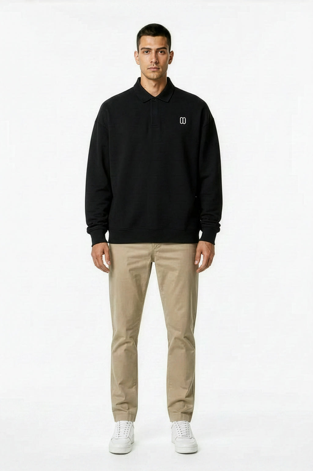 Black Heavyweight Fleece Polo Sweatshirt – Front on Model | TheTwoZero