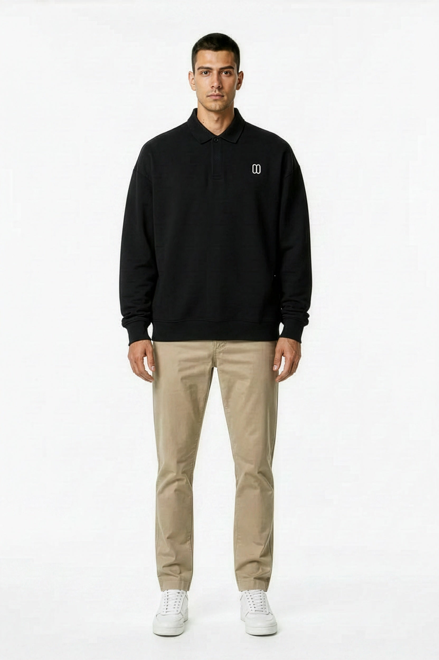 Black Heavyweight Fleece Polo Sweatshirt – Front on Model | TheTwoZero