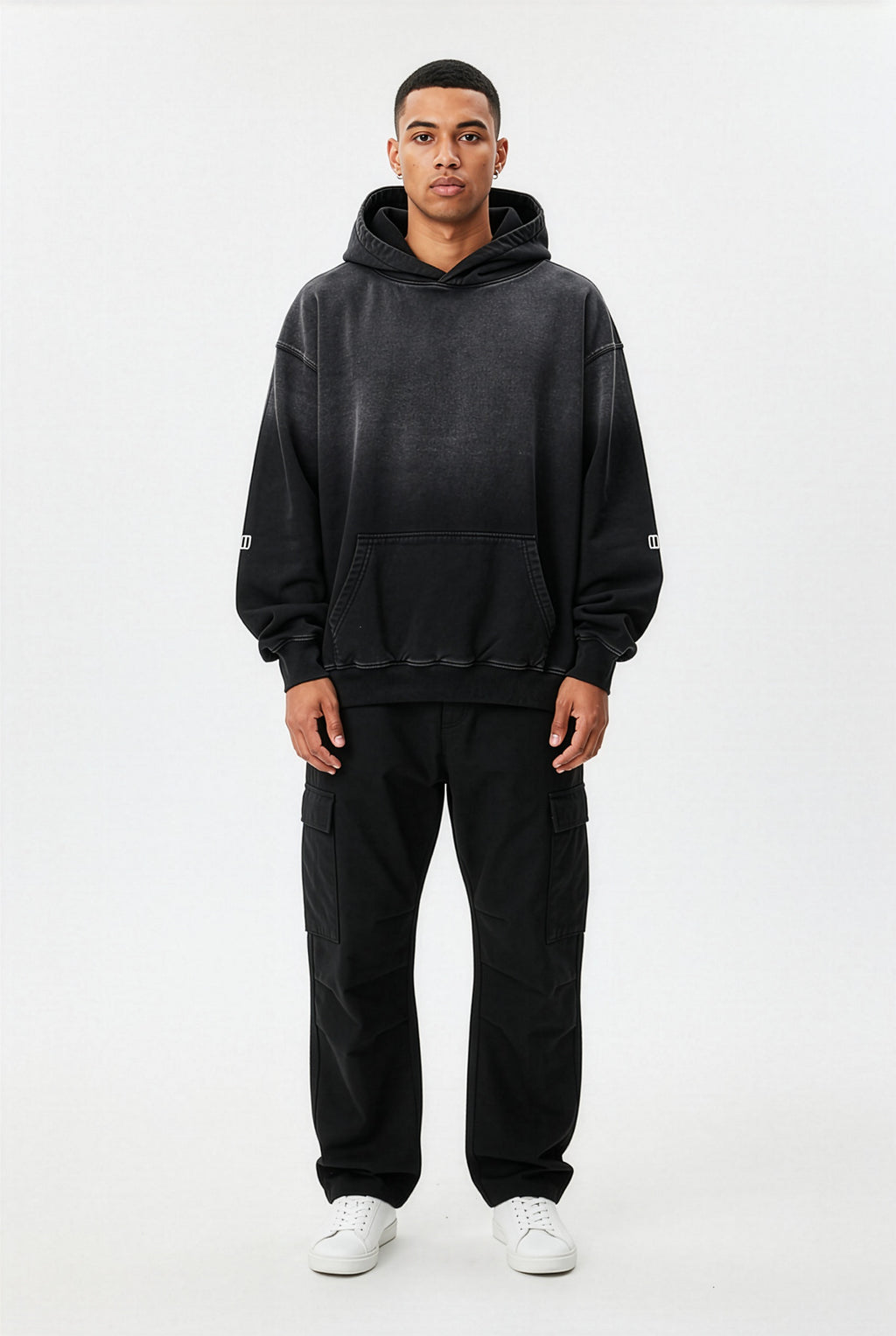 Black Heavyweight Sunfade Oversized Hoodie – Front on Model | TheTwoZero