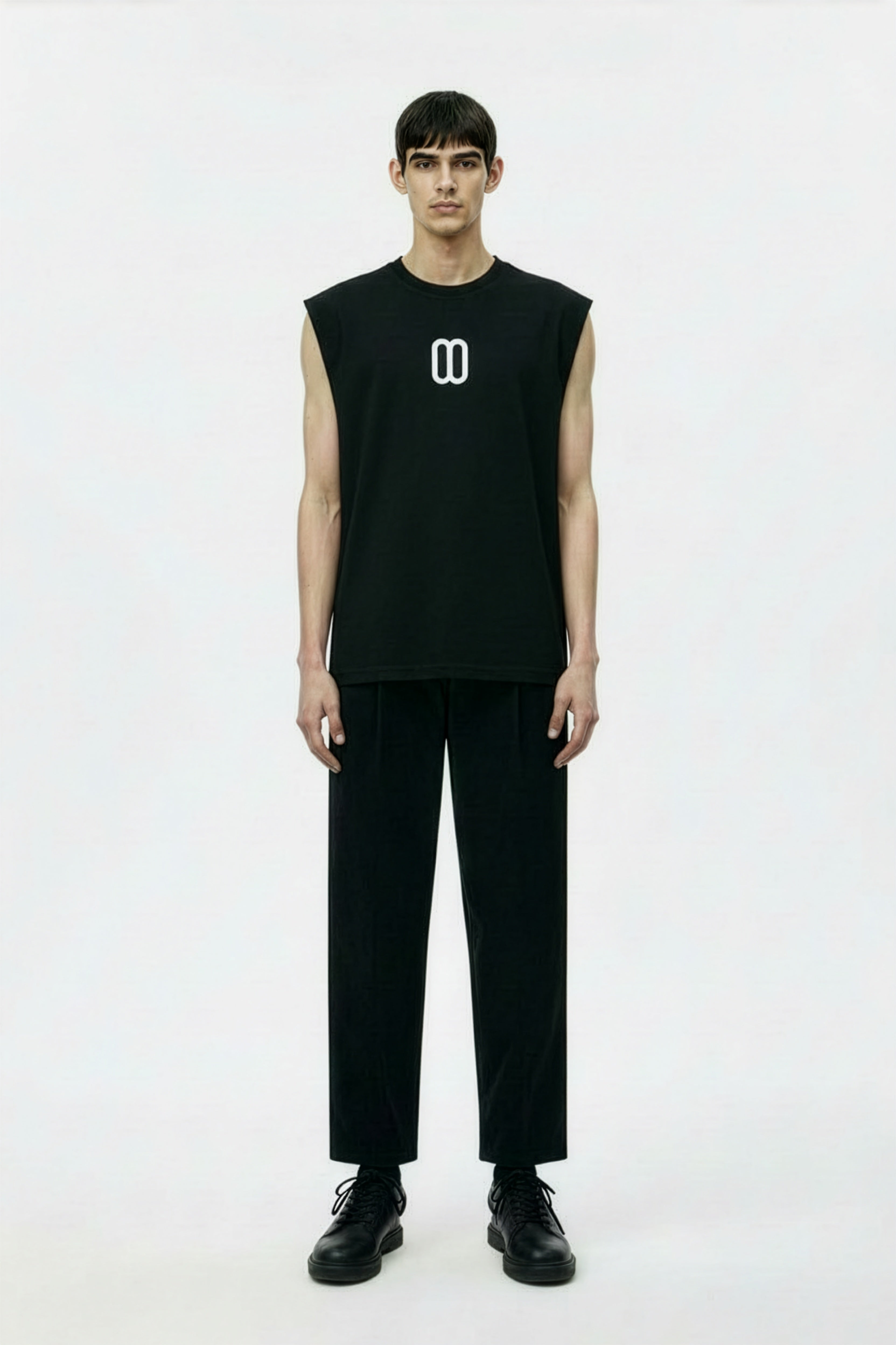 Black Sorona Quick-Dry Cooling Tank Top – Front on Model | TheTwoZero