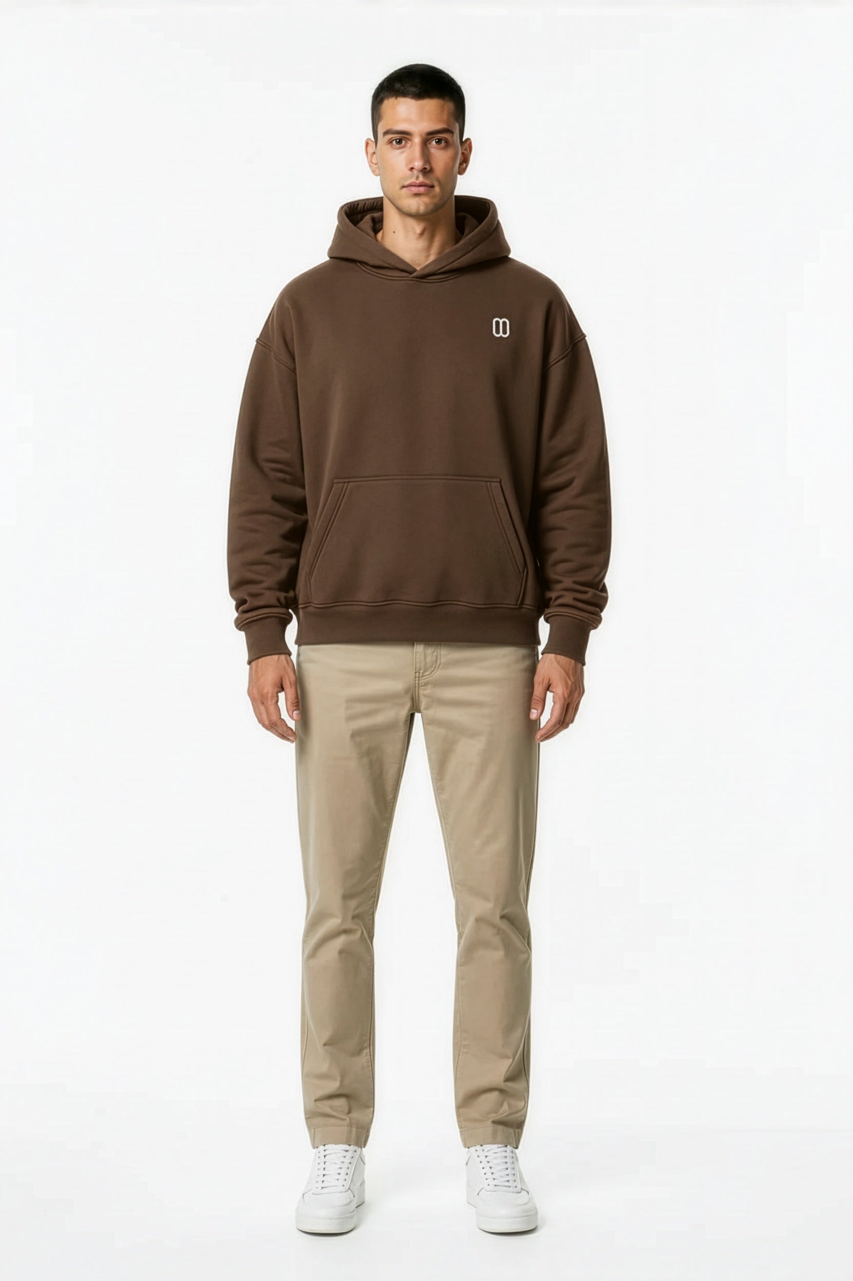 Brown Oversize Fleece Hoodie – Front on Model | TheTwoZero