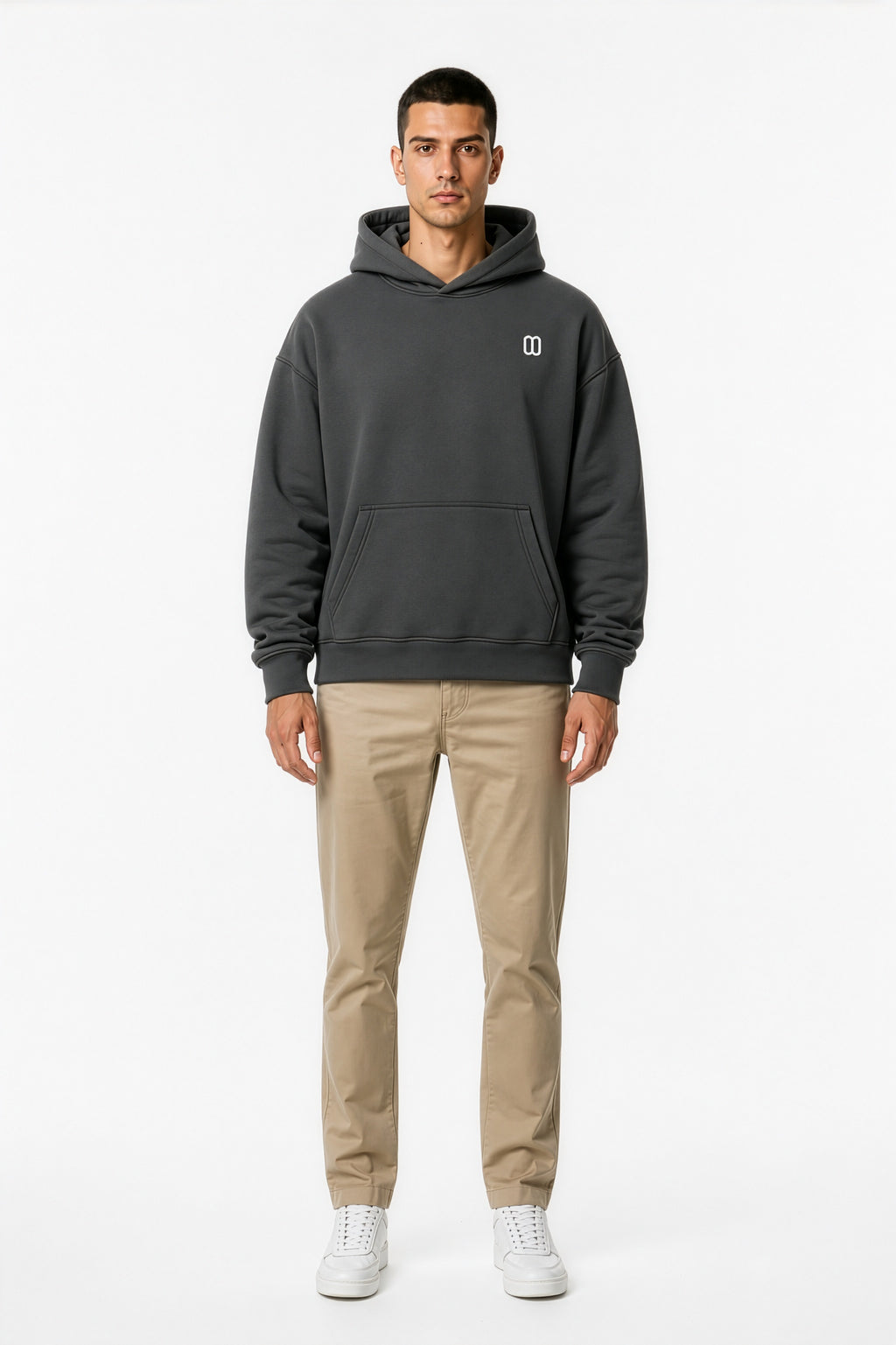Dark Gray Essential Oversized Boxy Fleece Hoodie – Front on Model | TheTwoZero