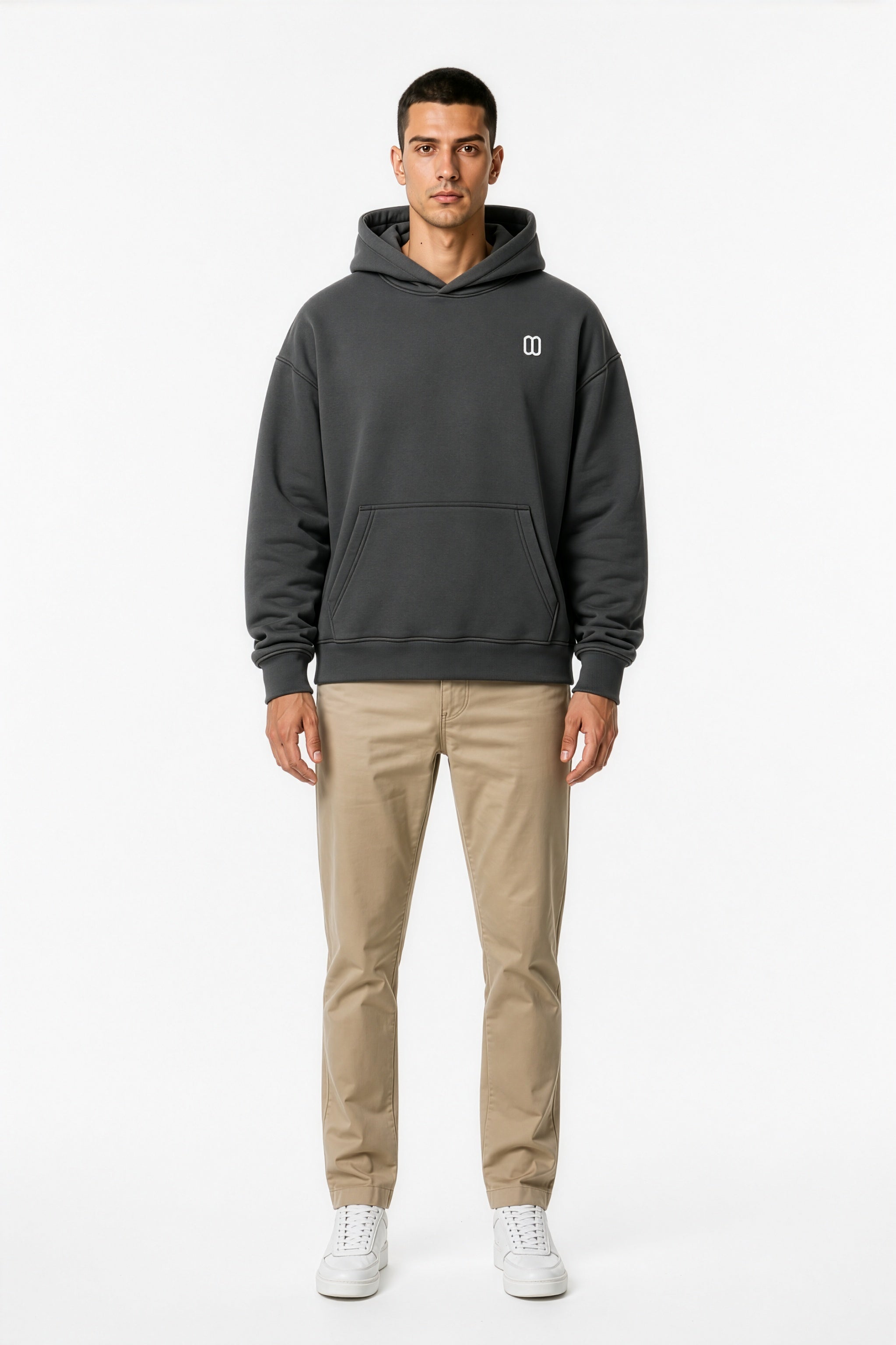 Dark Gray Essential Oversized Boxy Fleece Hoodie – Front on Model | TheTwoZero