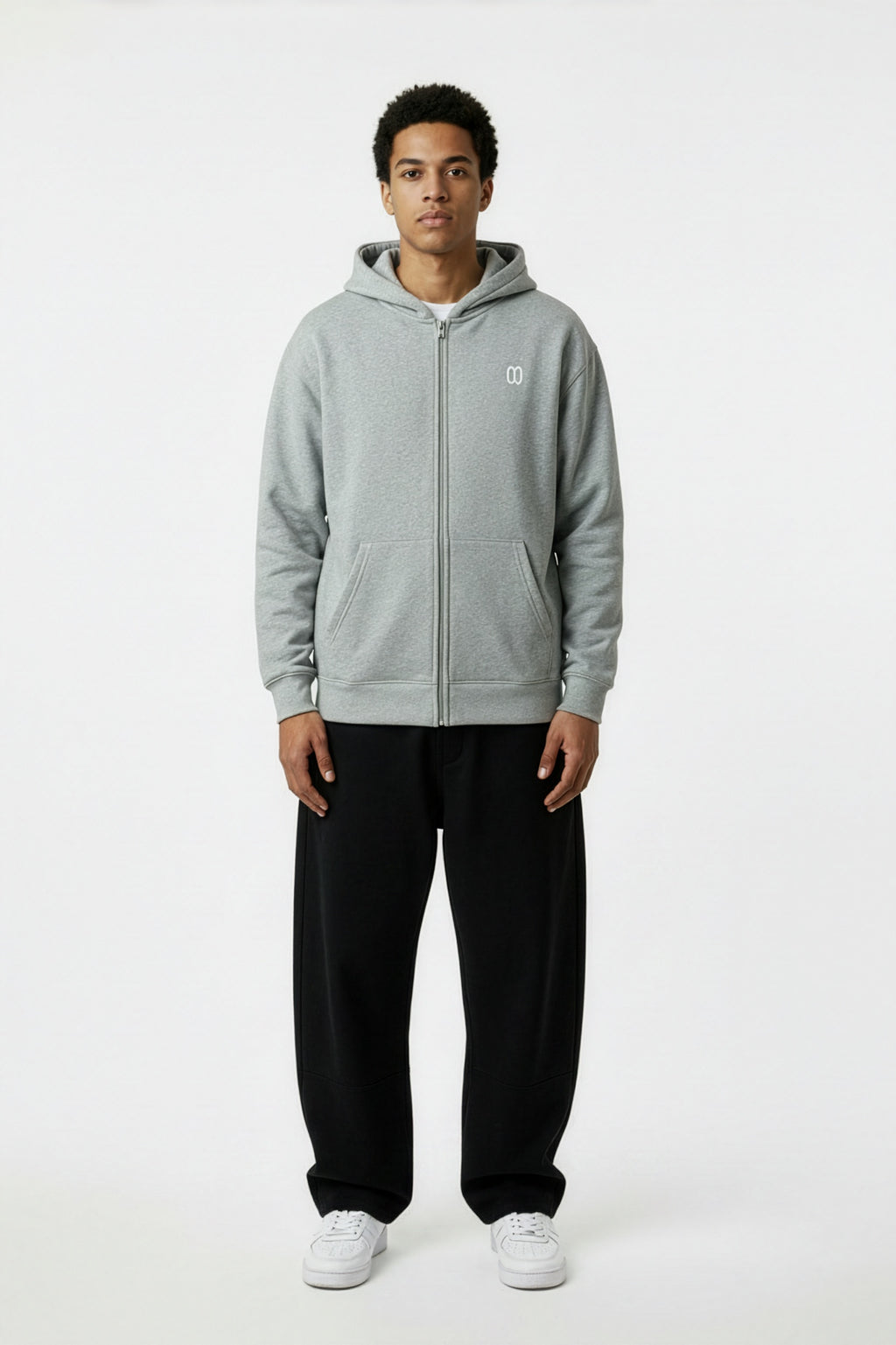 Flower Gray Essential Heavyweight Pocket Hoodie – Front on Model | TheTwoZero