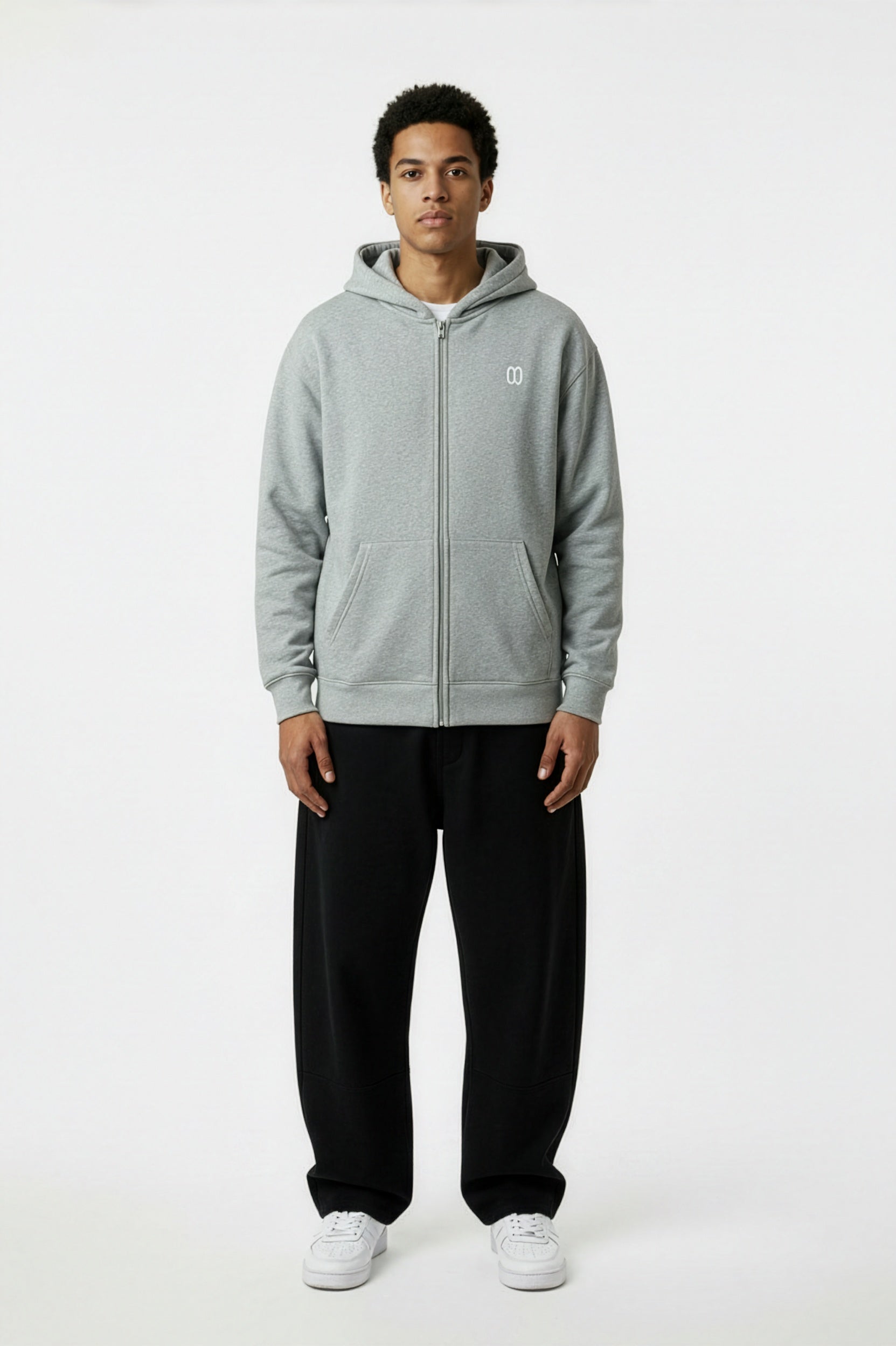 Flower Gray Essential Heavyweight Pocket Hoodie – Front on Model | TheTwoZero