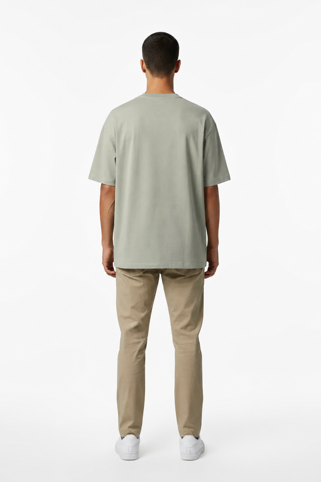 Gray Green Heavyweight Drop Shoulder Tee – Back View | TheTwoZero