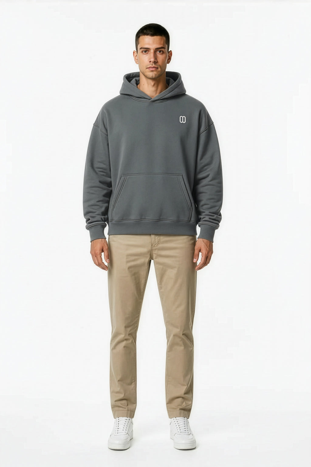 Gray Oversize Fleece Hoodie – Front on Model | TheTwoZero