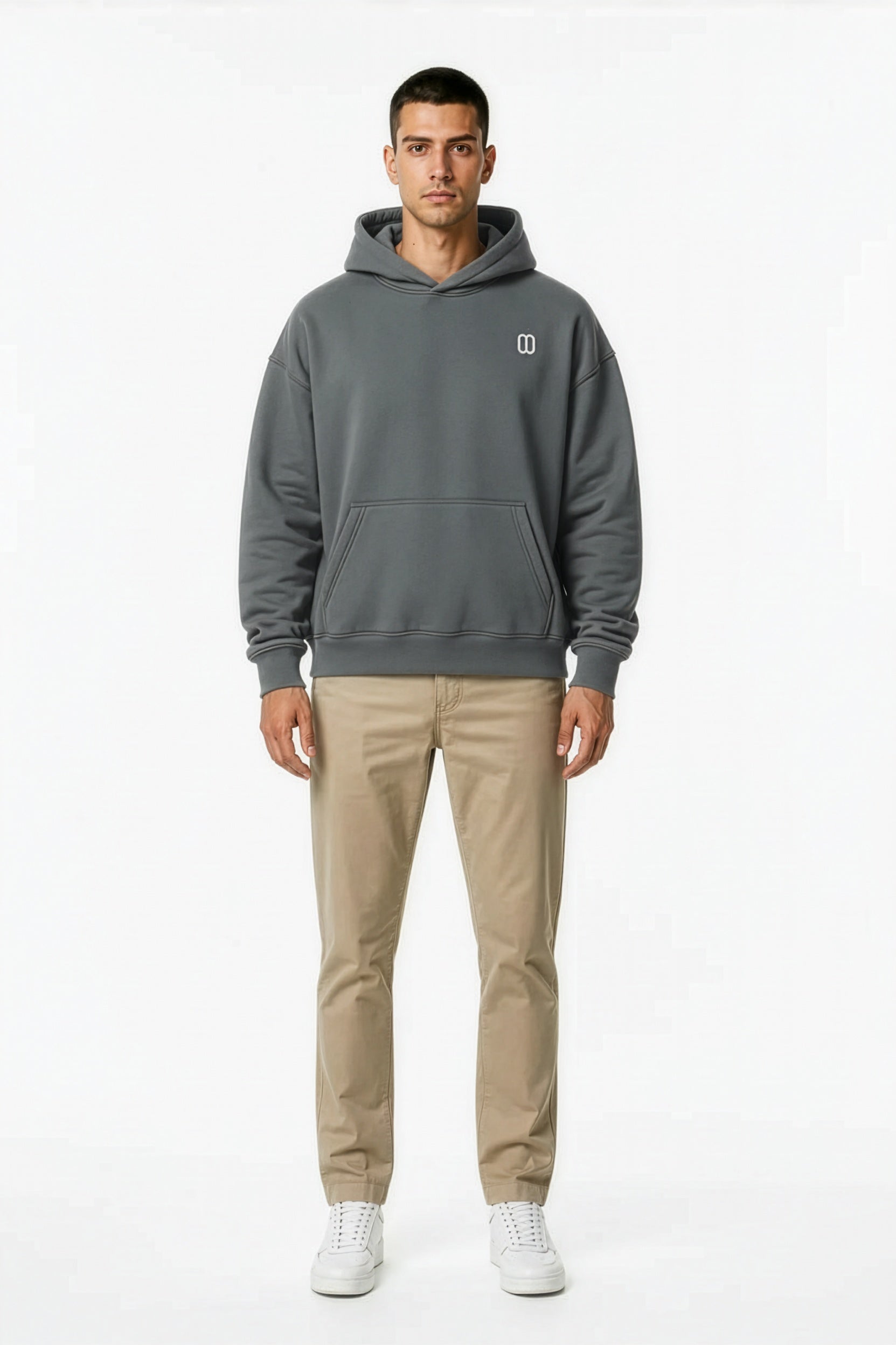 Gray Oversize Fleece Hoodie – Front on Model | TheTwoZero