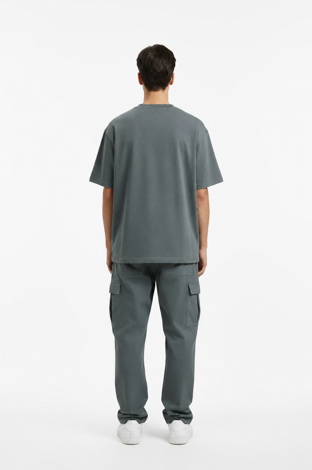 Gray Unisex Seamless Cotton Tee – Back on Model | TheTwoZero