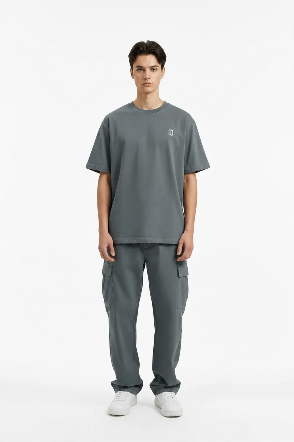 Gray Unisex Seamless Cotton Tee – Front on Model | TheTwoZero
