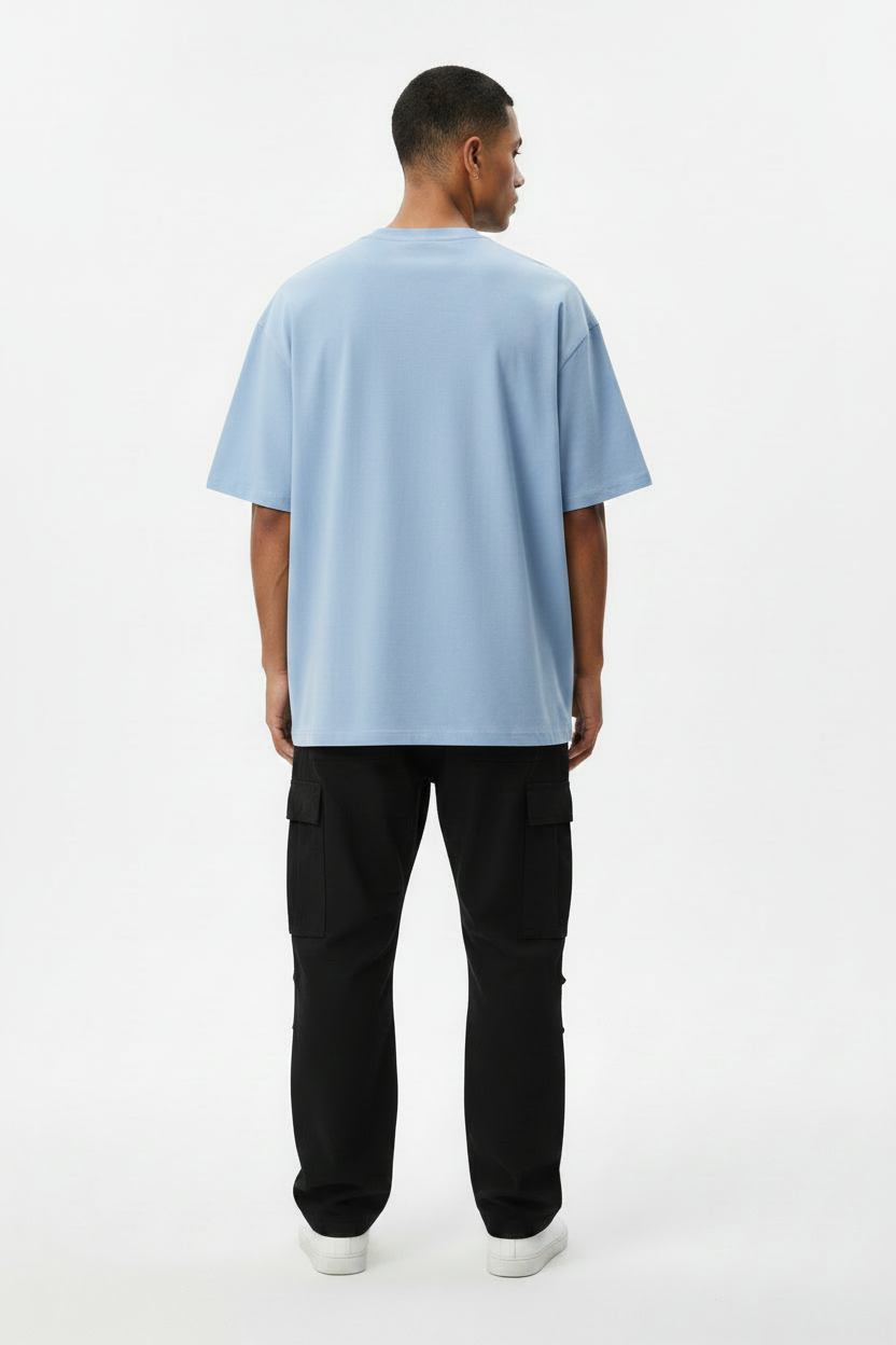 Light Blue Cotton Tee – Model Back- TheTwoZero