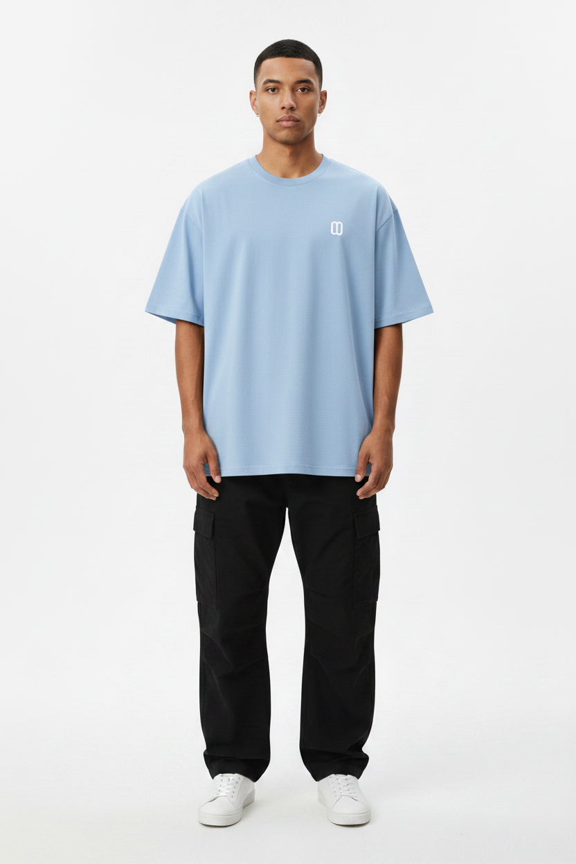 Light Blue Cotton Tee – Model Front - TheTwoZero