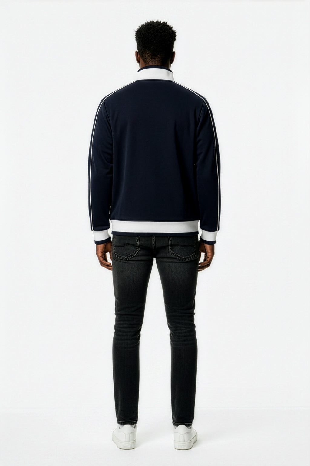 Navy Blue Color Block Raglan Zip Track Jacket – Back on Model | TheTwoZero