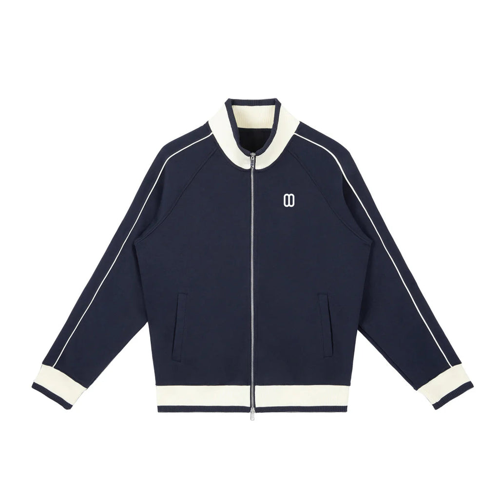 Navy Blue Color Block Raglan Zip Track Jacket – Front View | TheTwoZero