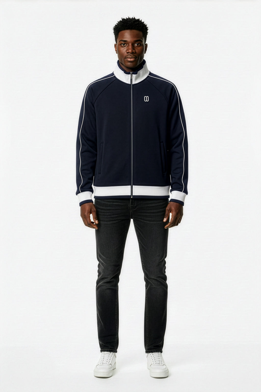 Navy Blue Color Block Raglan Zip Track Jacket – Front on Model | TheTwoZero