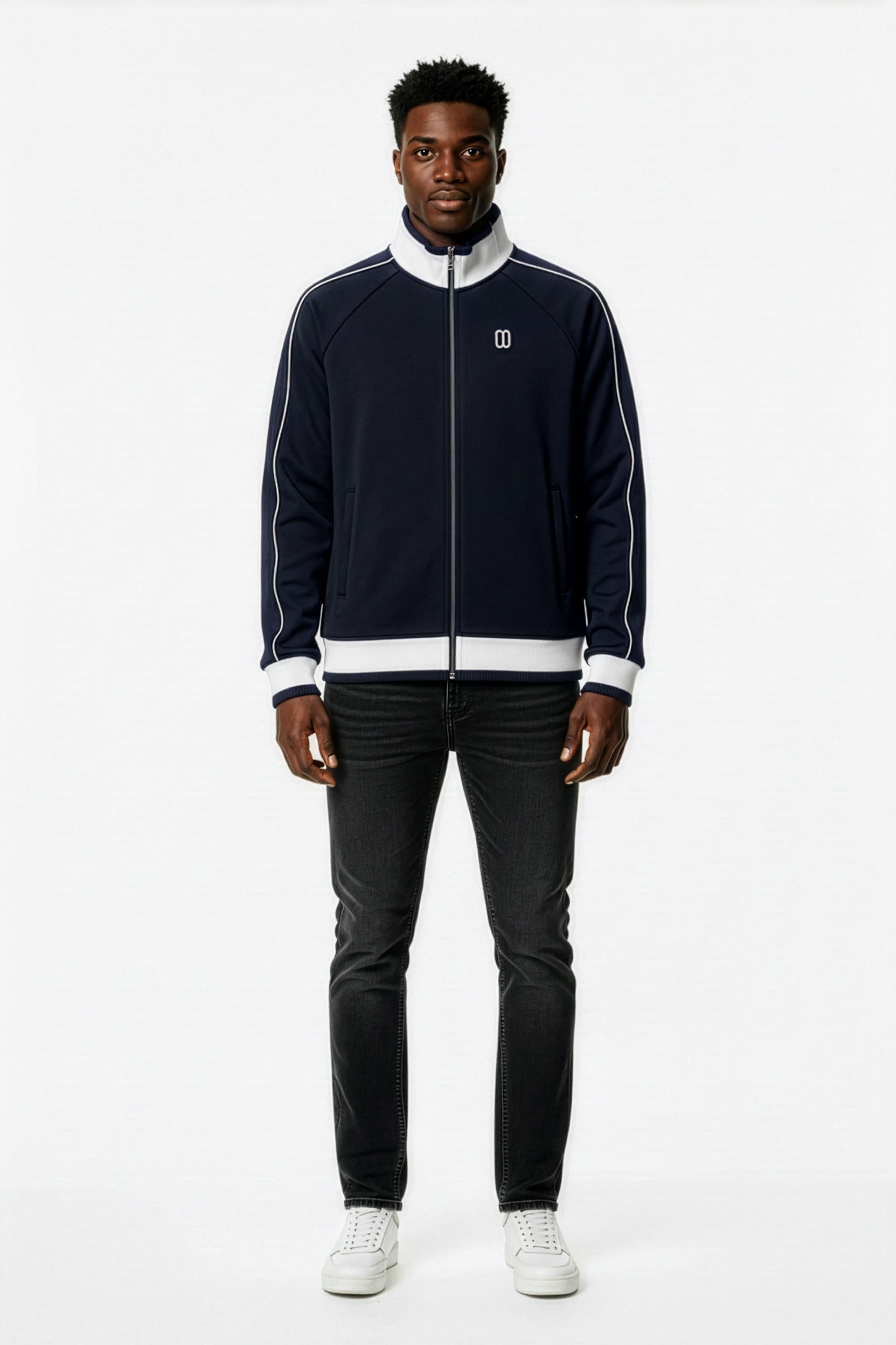 Navy Blue Color Block Raglan Zip Track Jacket – Front on Model | TheTwoZero